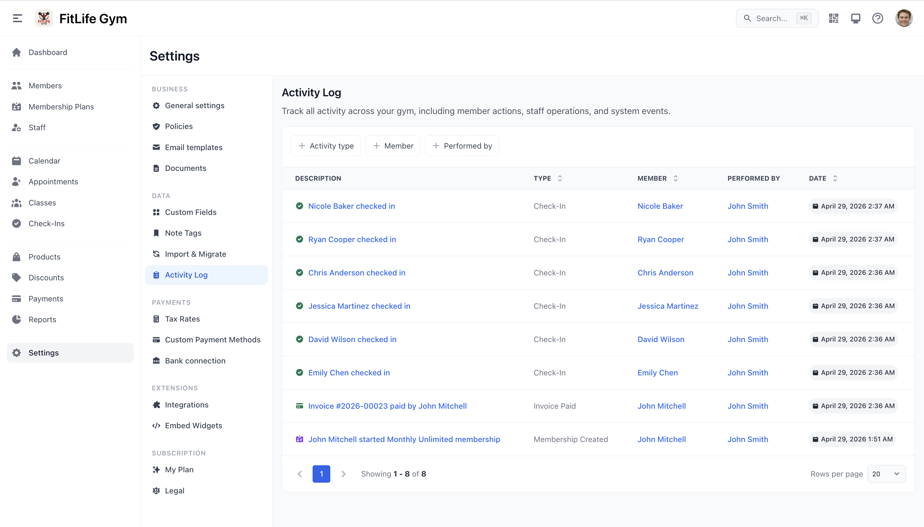 Activity log page showing recent actions with filters