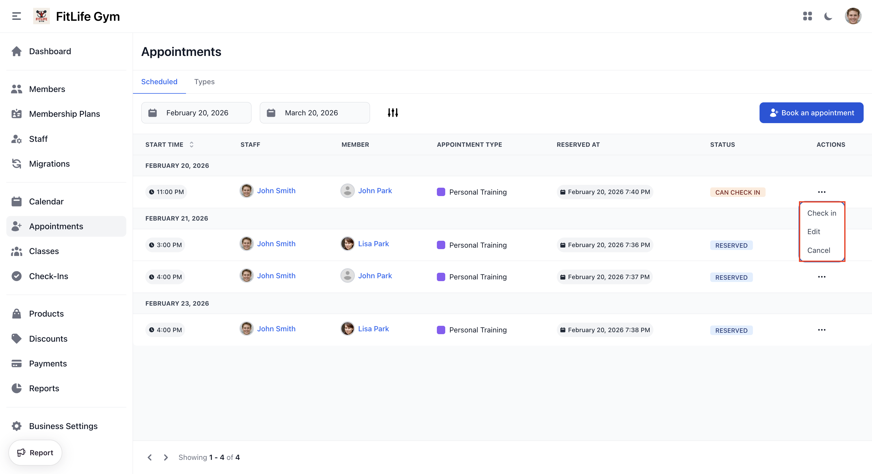 Appointment actions dropdown with check in, edit, and cancel options