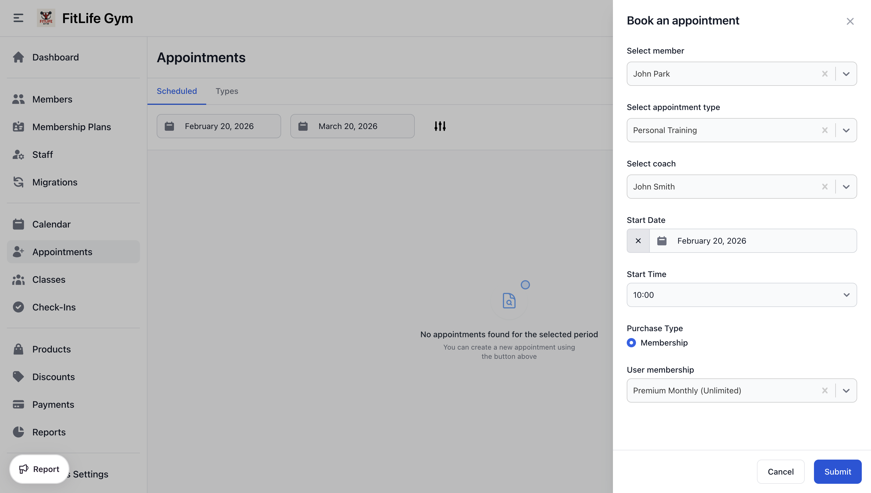 Book a personal training appointment - select member, trainer, and time