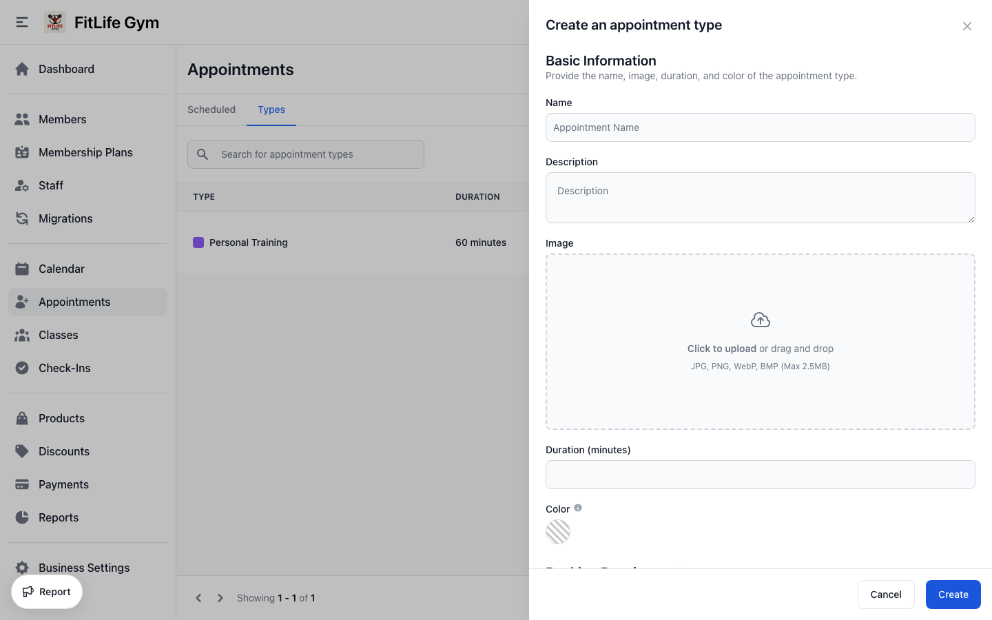 Create a personal training appointment type with duration and pricing