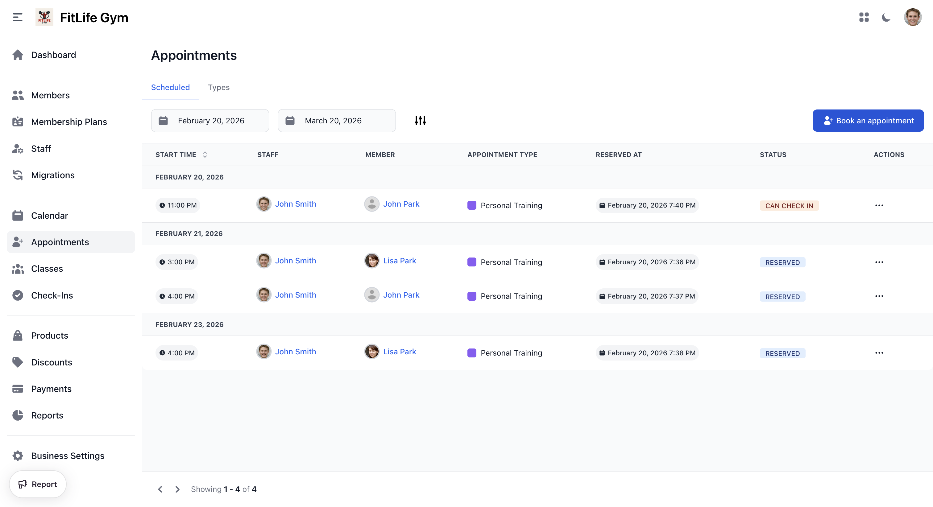 Appointments list with scheduled sessions, staff, and status