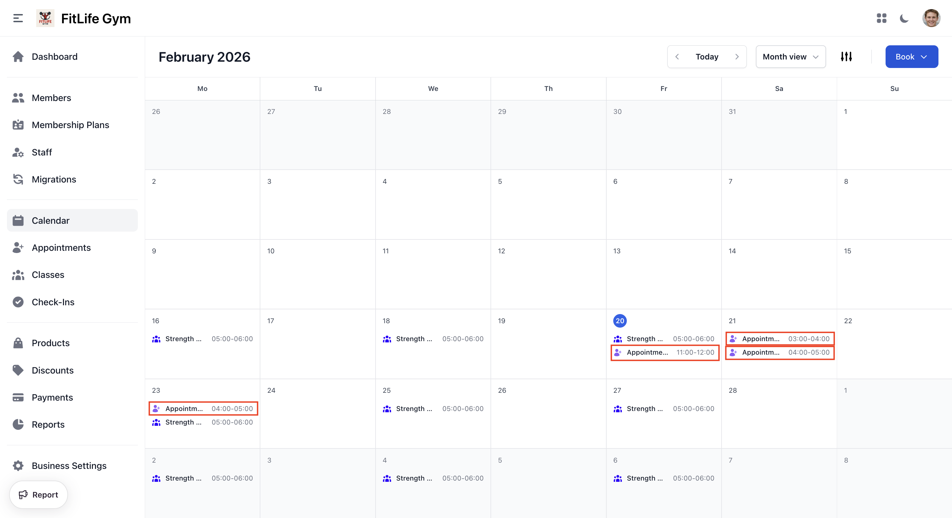 Appointments displayed on the gym calendar with color coding