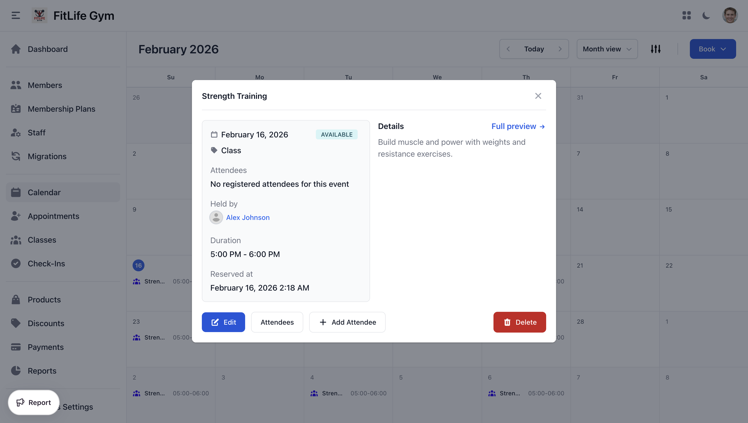 Class detail popup from calendar with reservations and actions