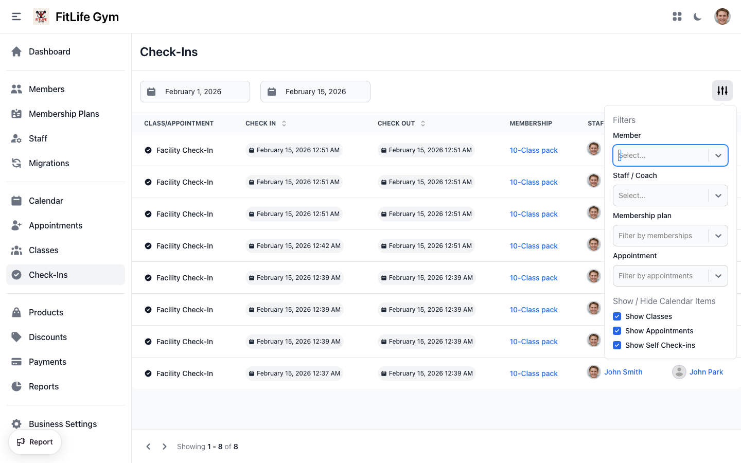Filter gym attendance records by date, type, and member