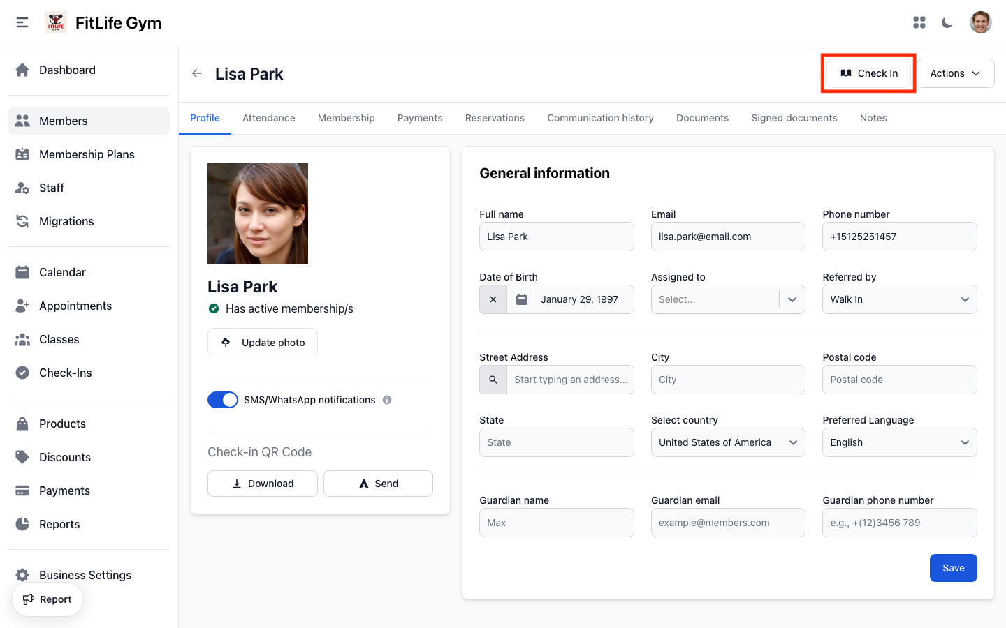 Member profile with Check In button in the header