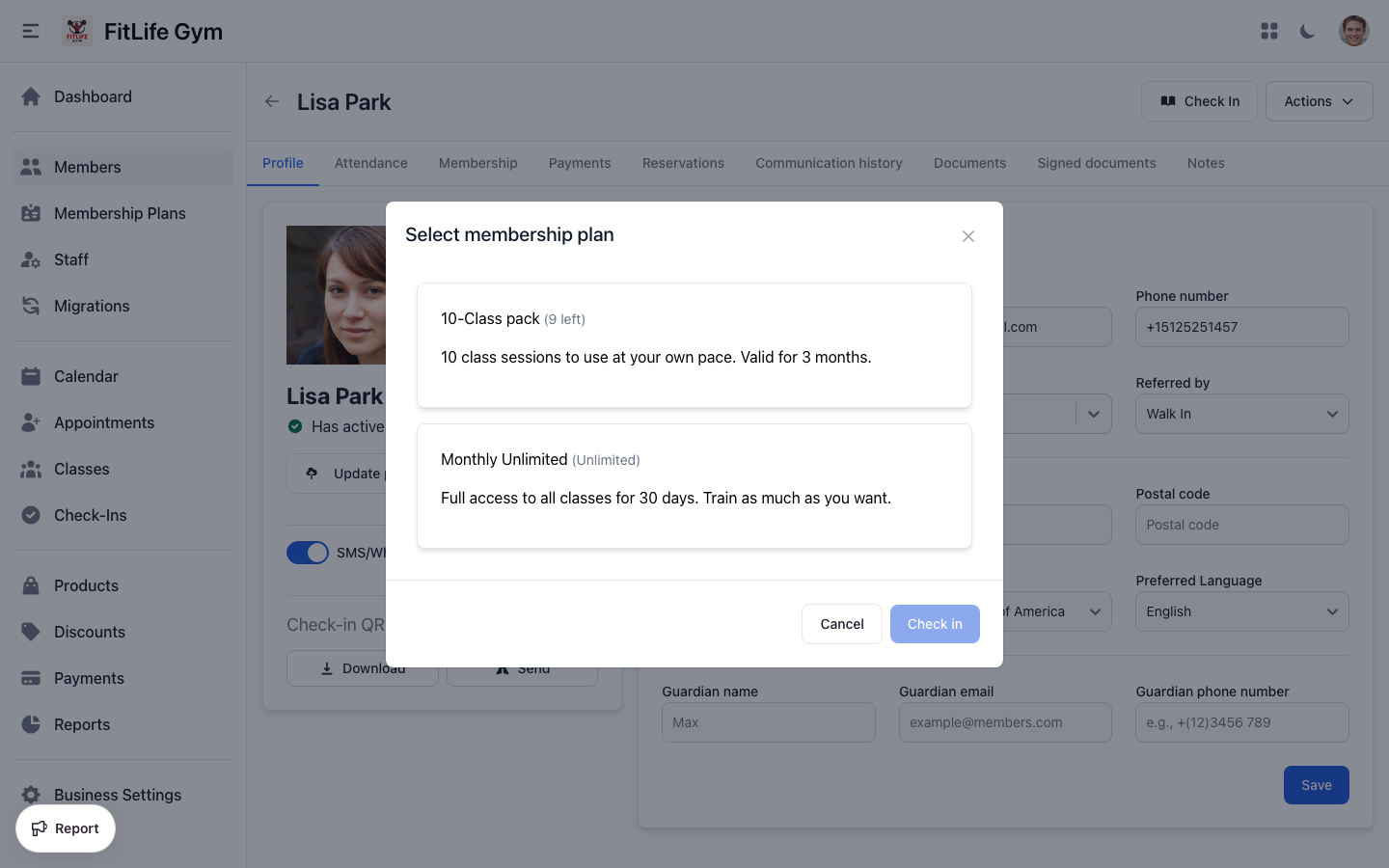 Select which gym membership to use for this check-in