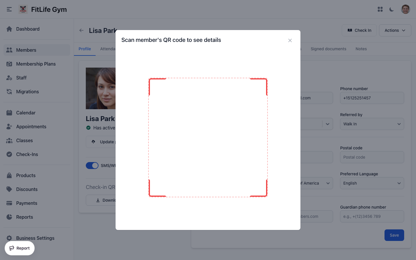 QR code scanner modal for member check-in