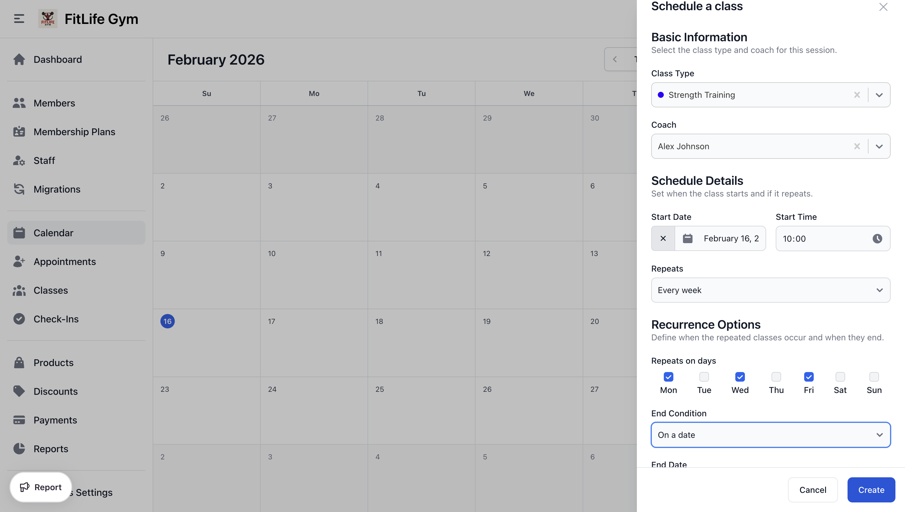 Schedule a recurring gym class with day, time, and frequency settings