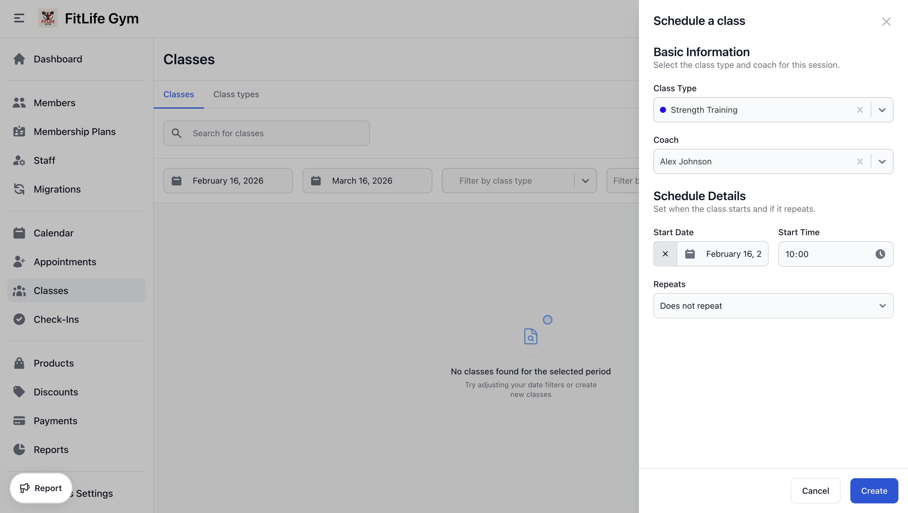 Schedule a single gym class with type, date, time, and coach
