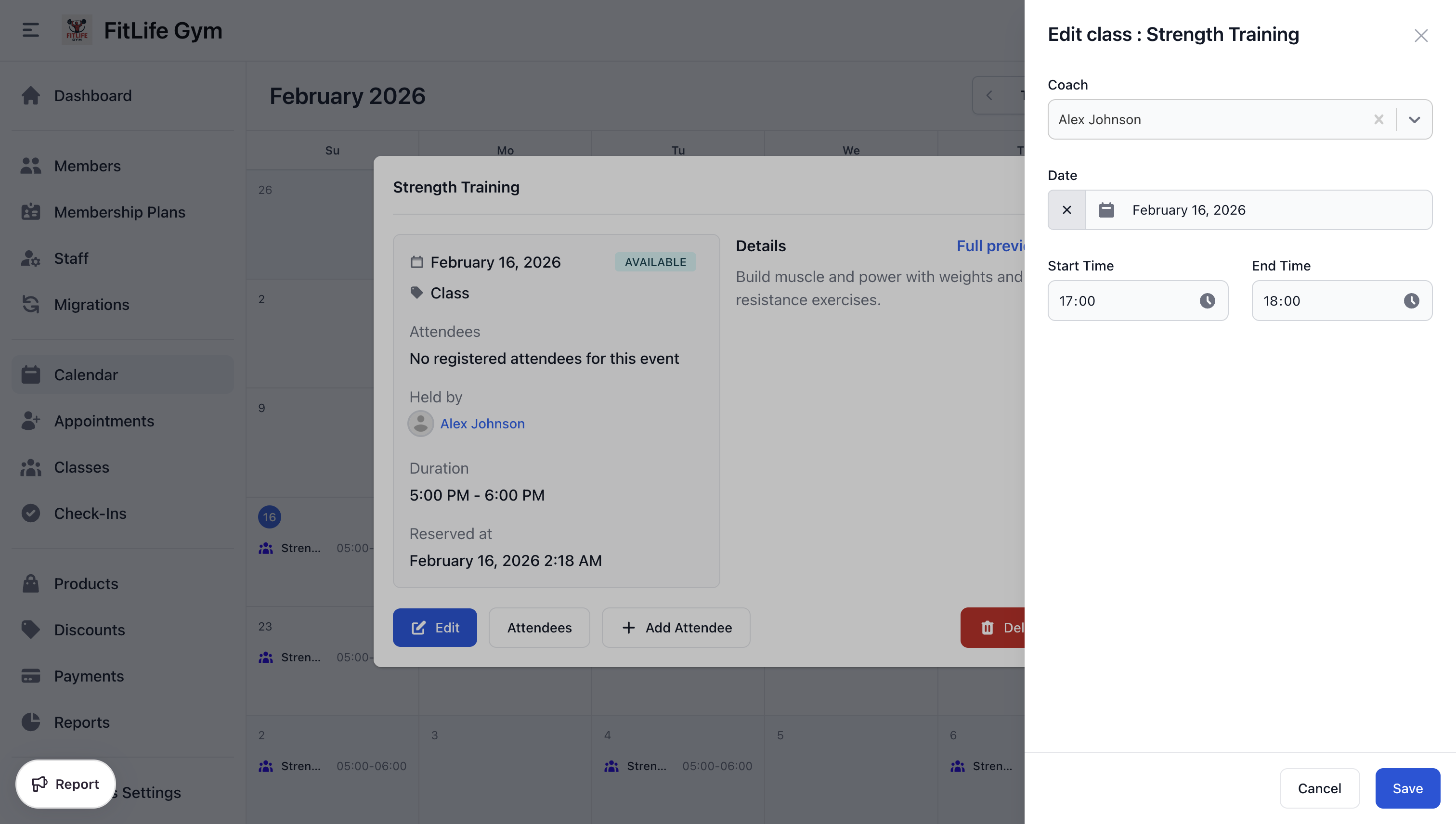 Edit a scheduled class with date, time, and coach fields