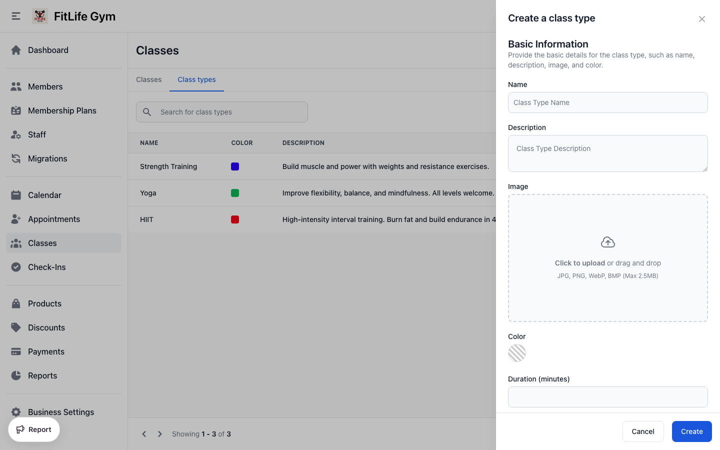 Create a gym class type with name, duration, capacity, and instructor
