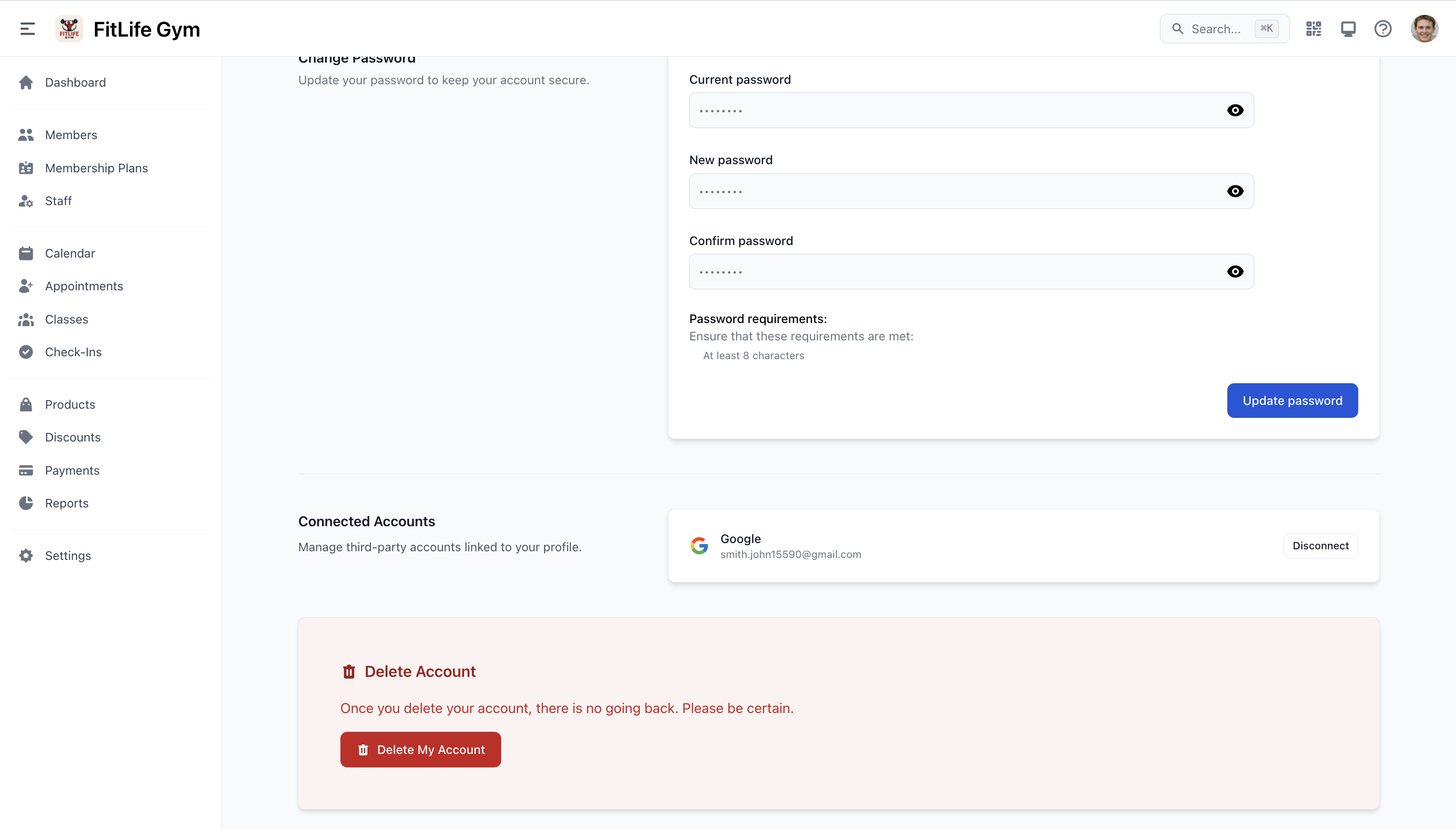 Connected accounts page showing Google OAuth connection