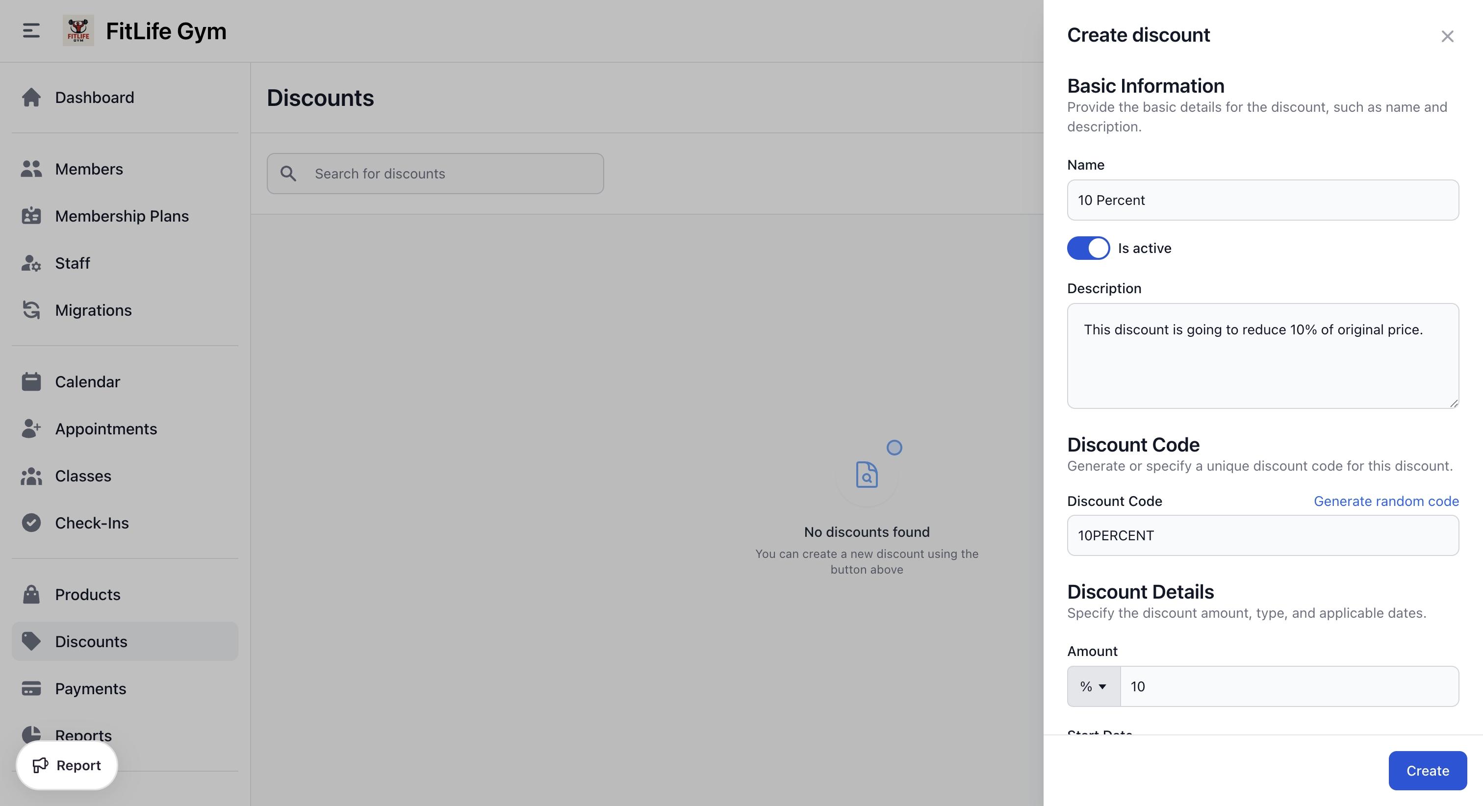 Create a gym discount code with percentage, amount, and usage limits
