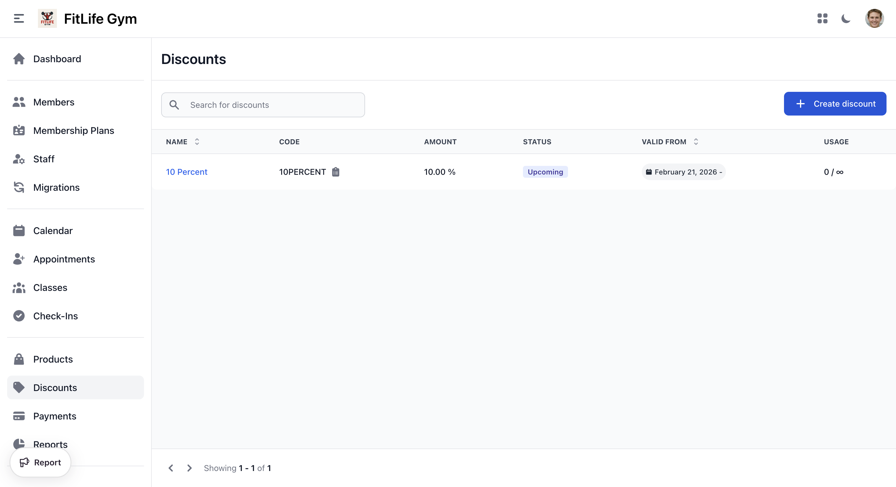 Discount list with name, code, amount, status, and usage