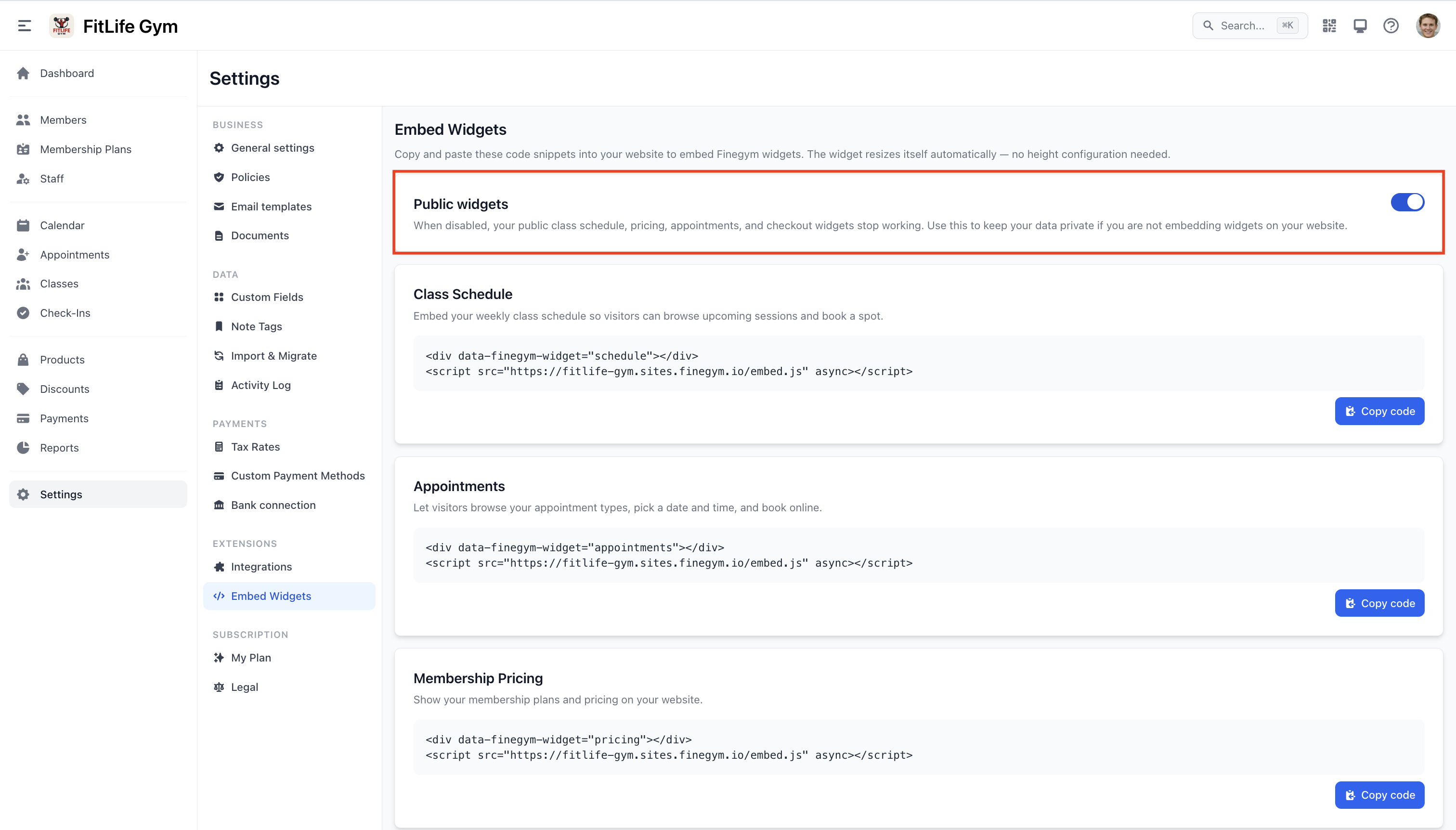 Widget configuration toggle