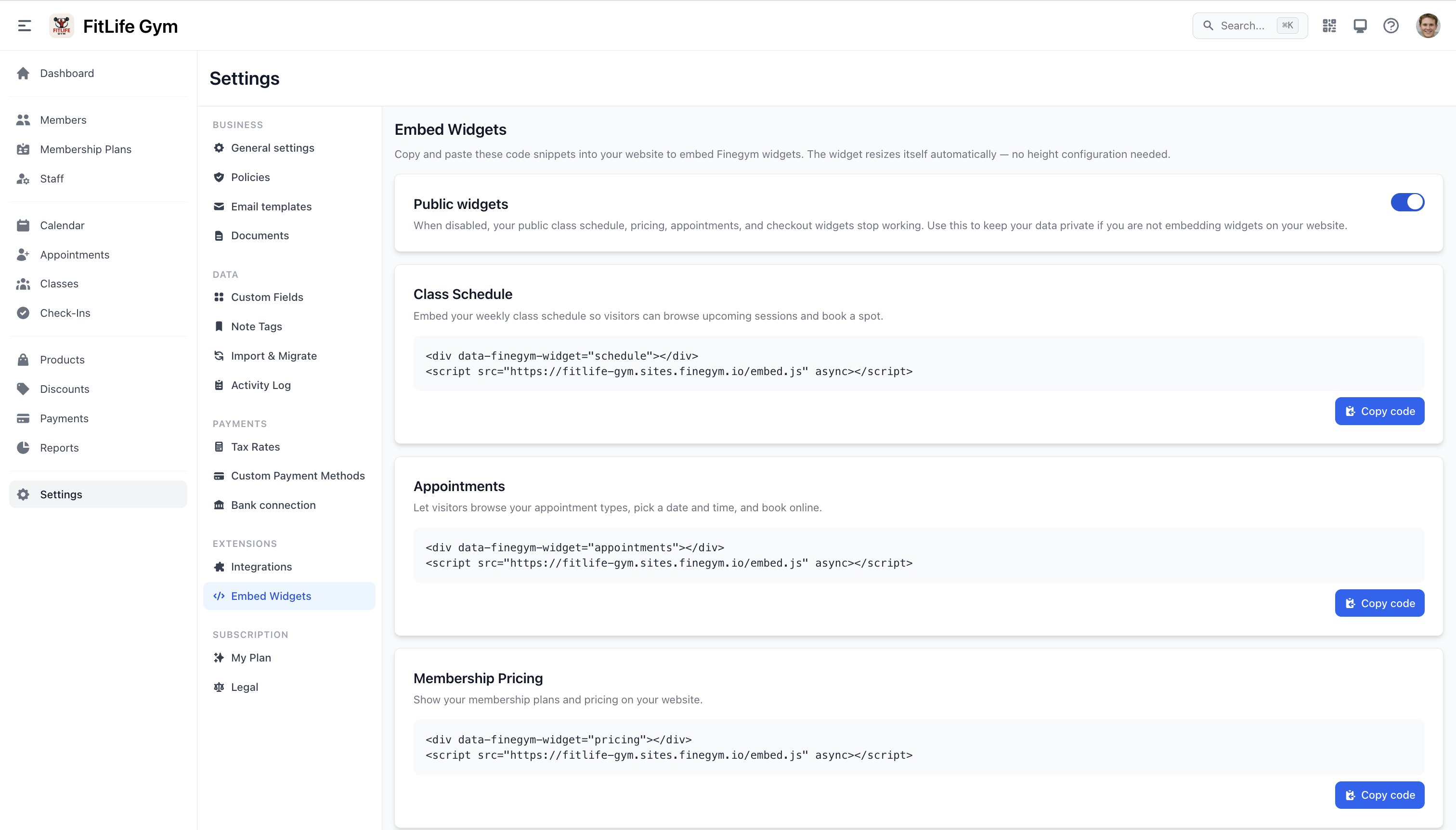 Embed widgets settings page