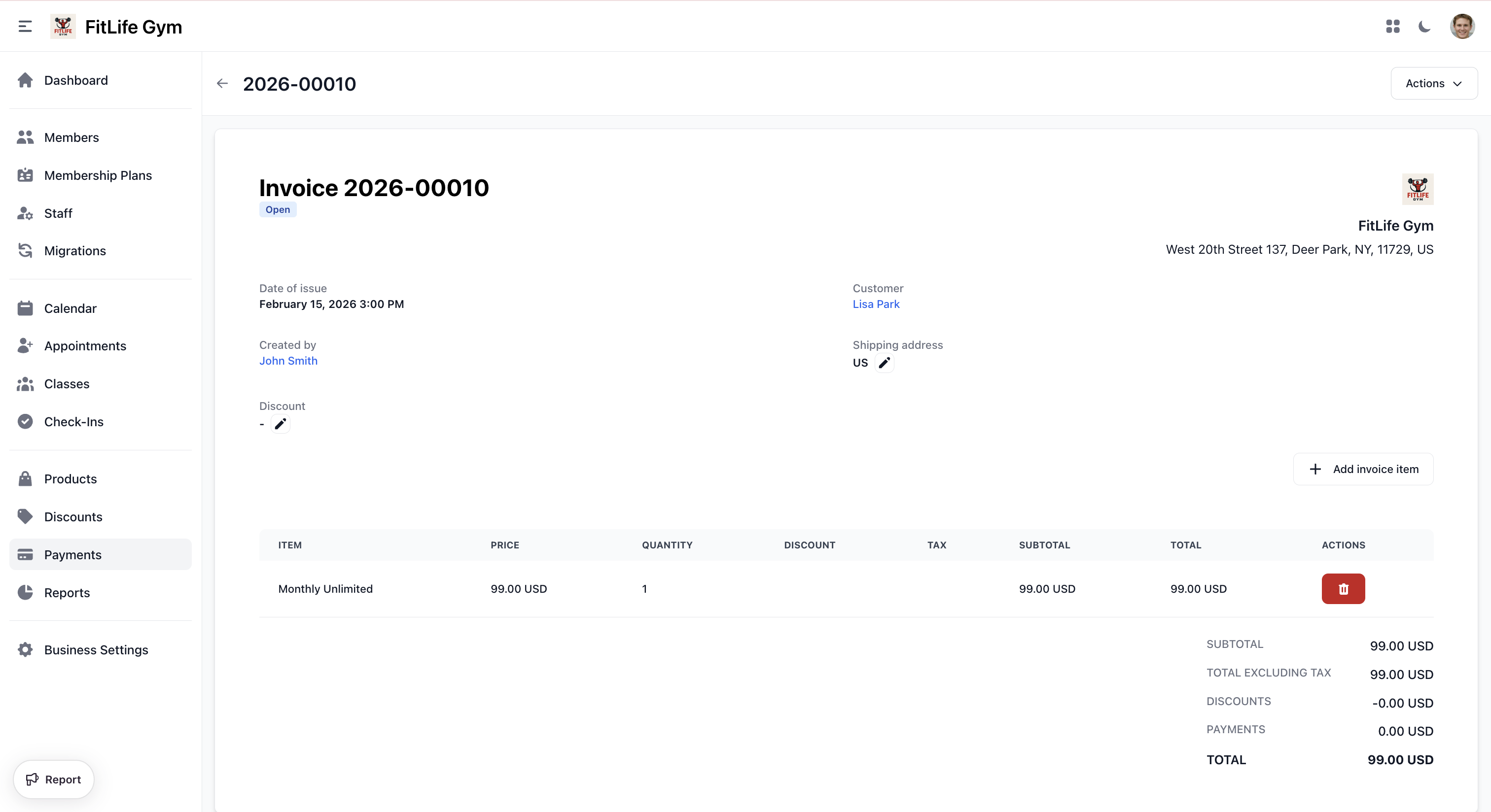 Invoice detail view with line items, taxes, and payment history