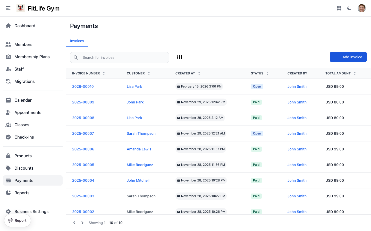 Gym invoice list with invoice number, customer, date, amount, and status
