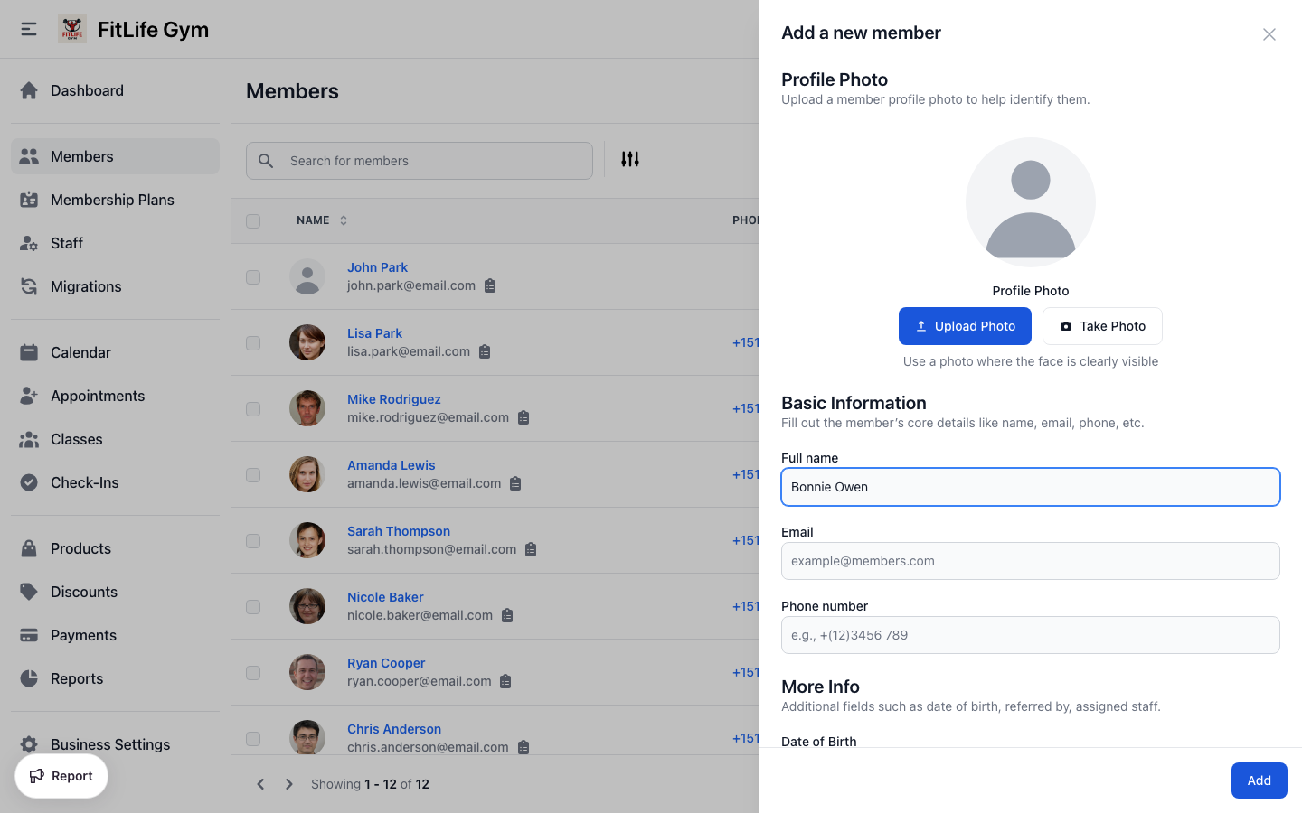 Add a new gym member with name, email, and contact details
