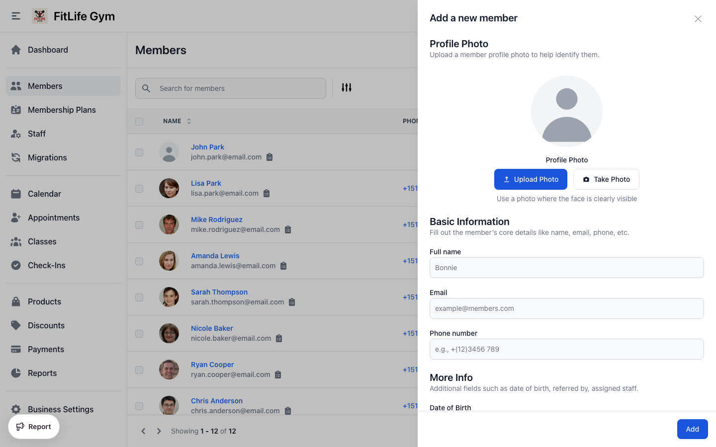 Add new gym member form with name, email, phone, and address fields