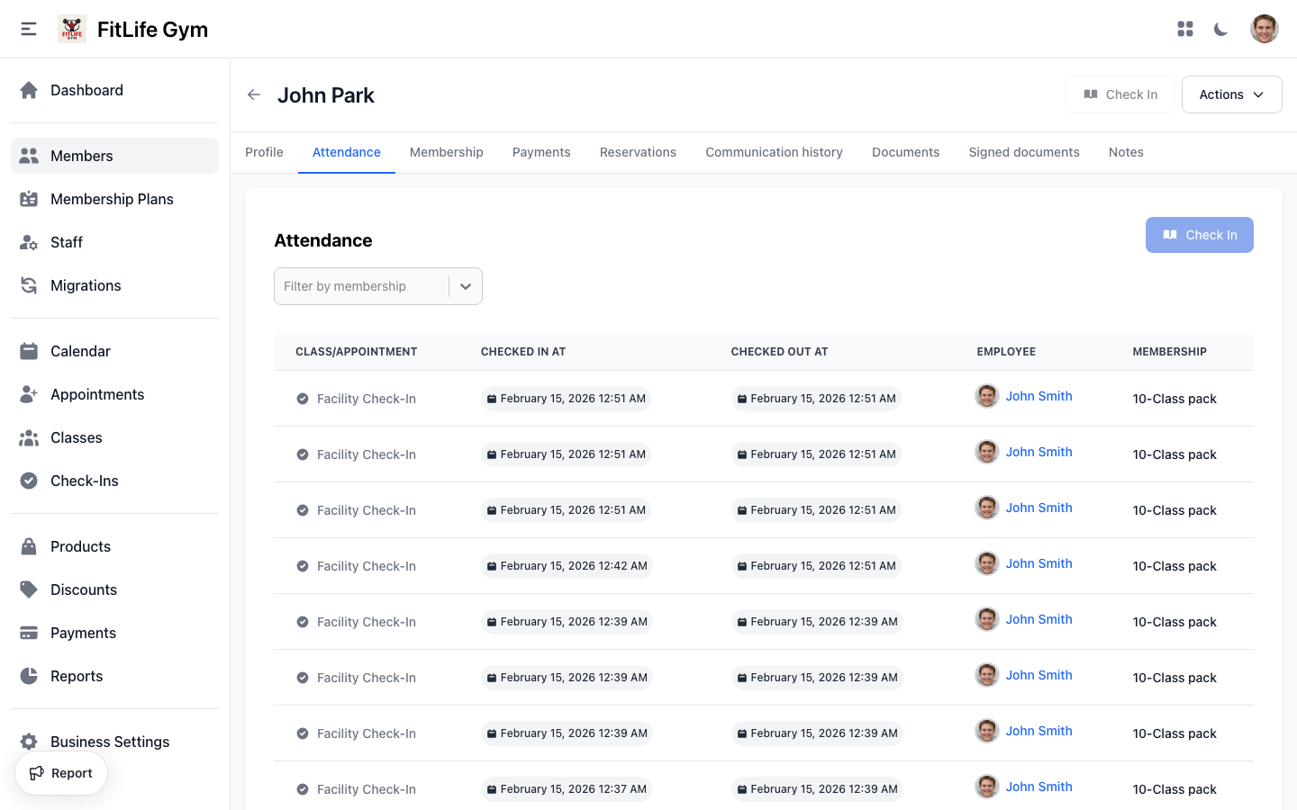 Member attendance history showing check-in records