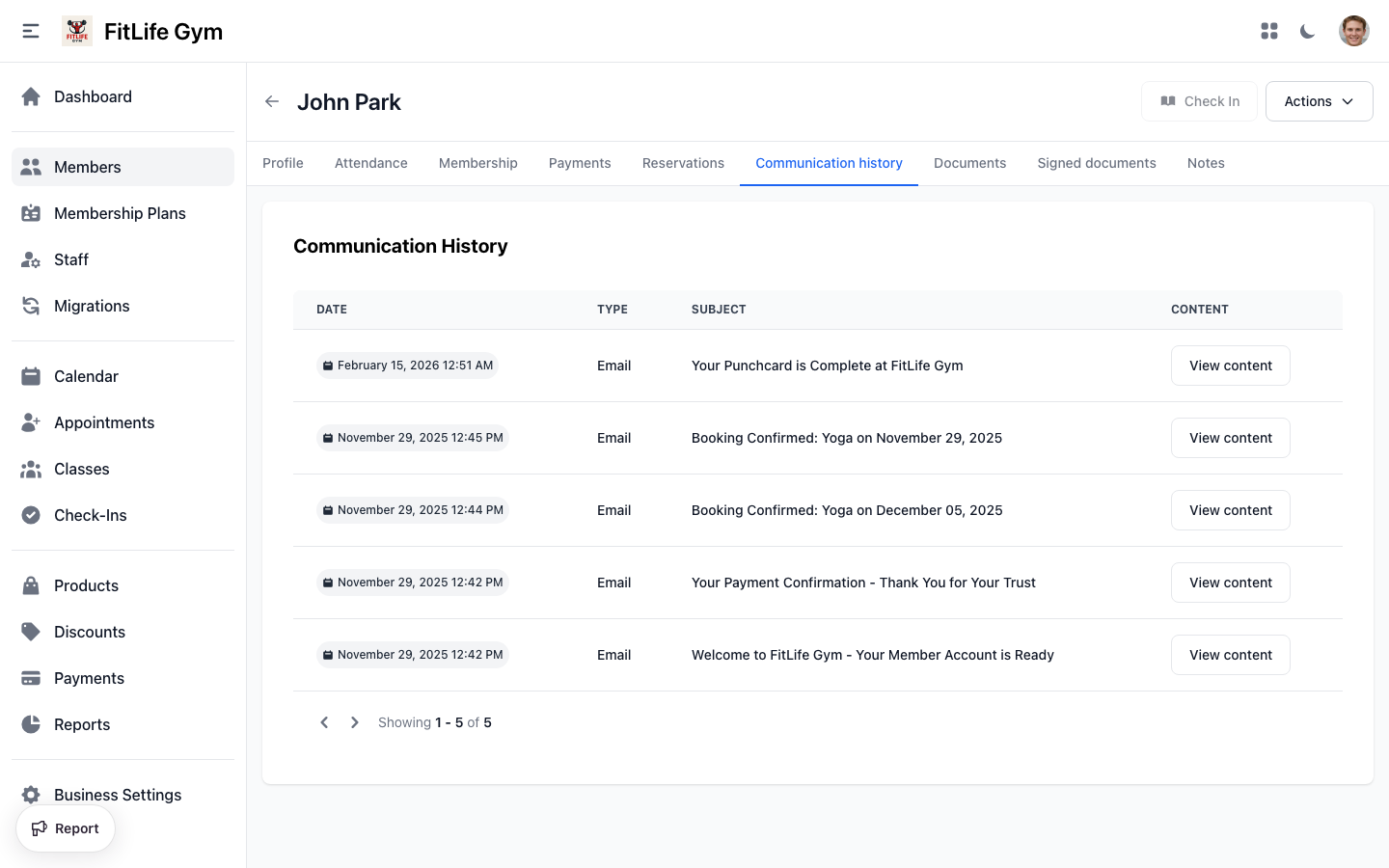 Member communication history showing emails, SMS, and WhatsApp messages