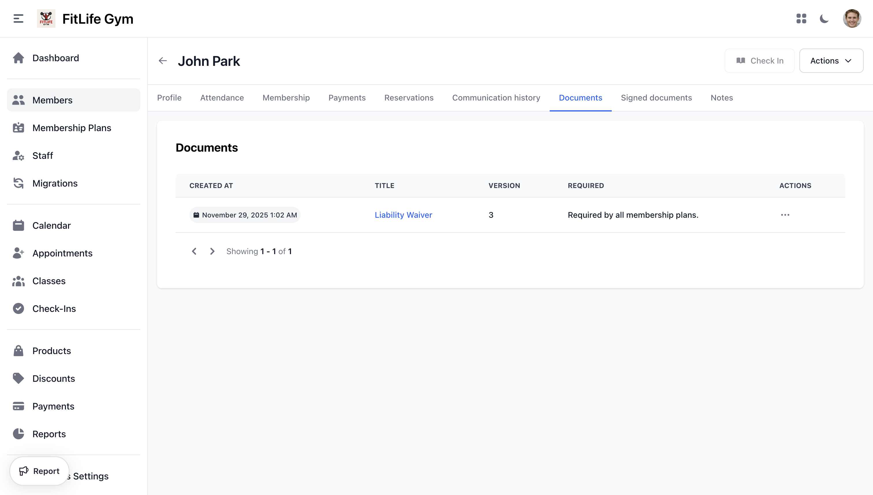 Member Documents tab with Sign document action