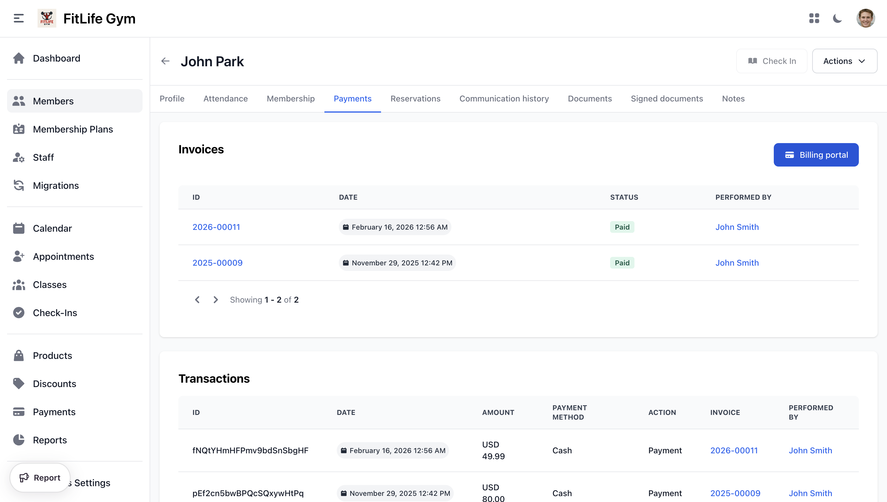 Member payments tab with invoices and transactions