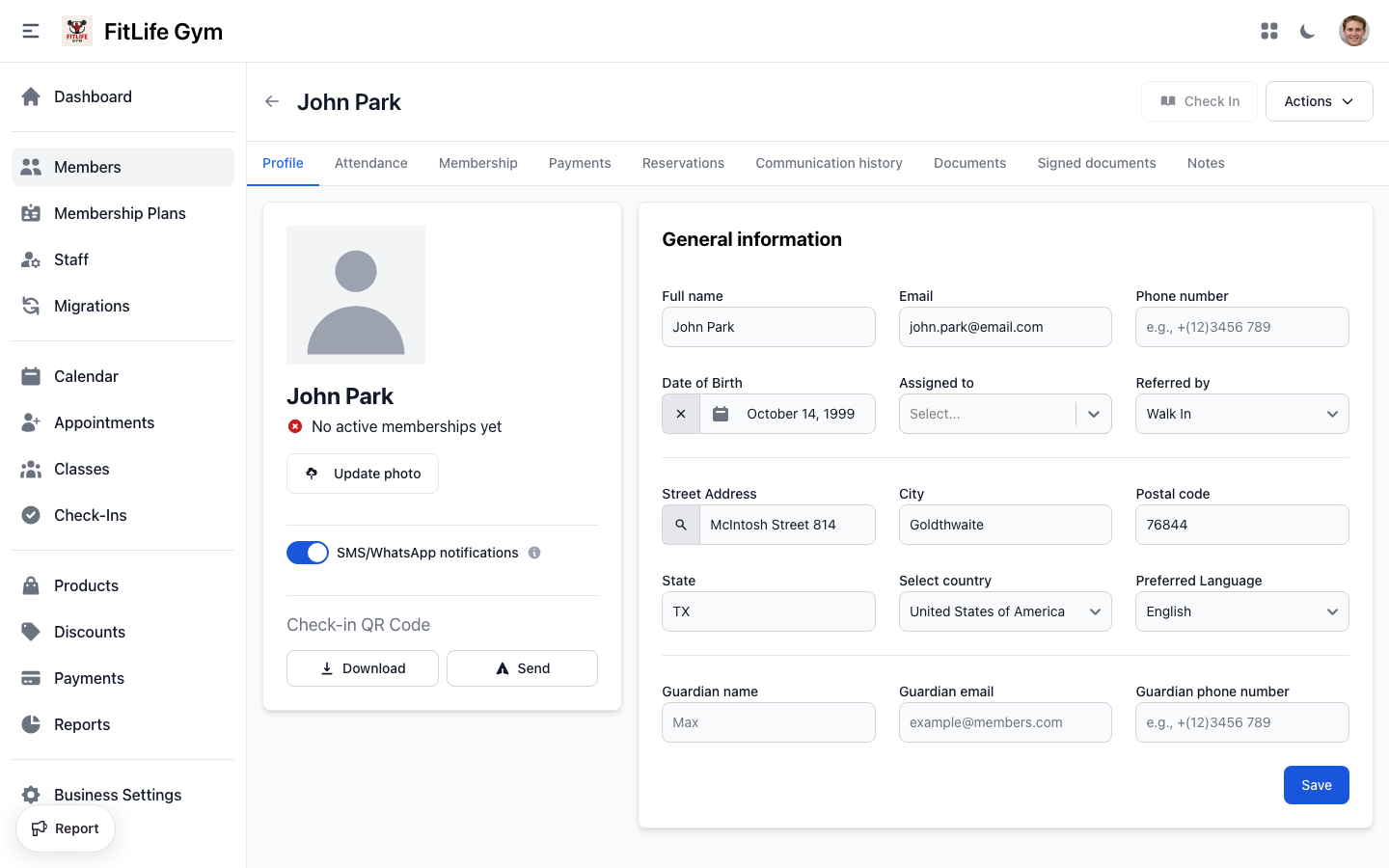 Gym member profile showing personal details, memberships, and activity