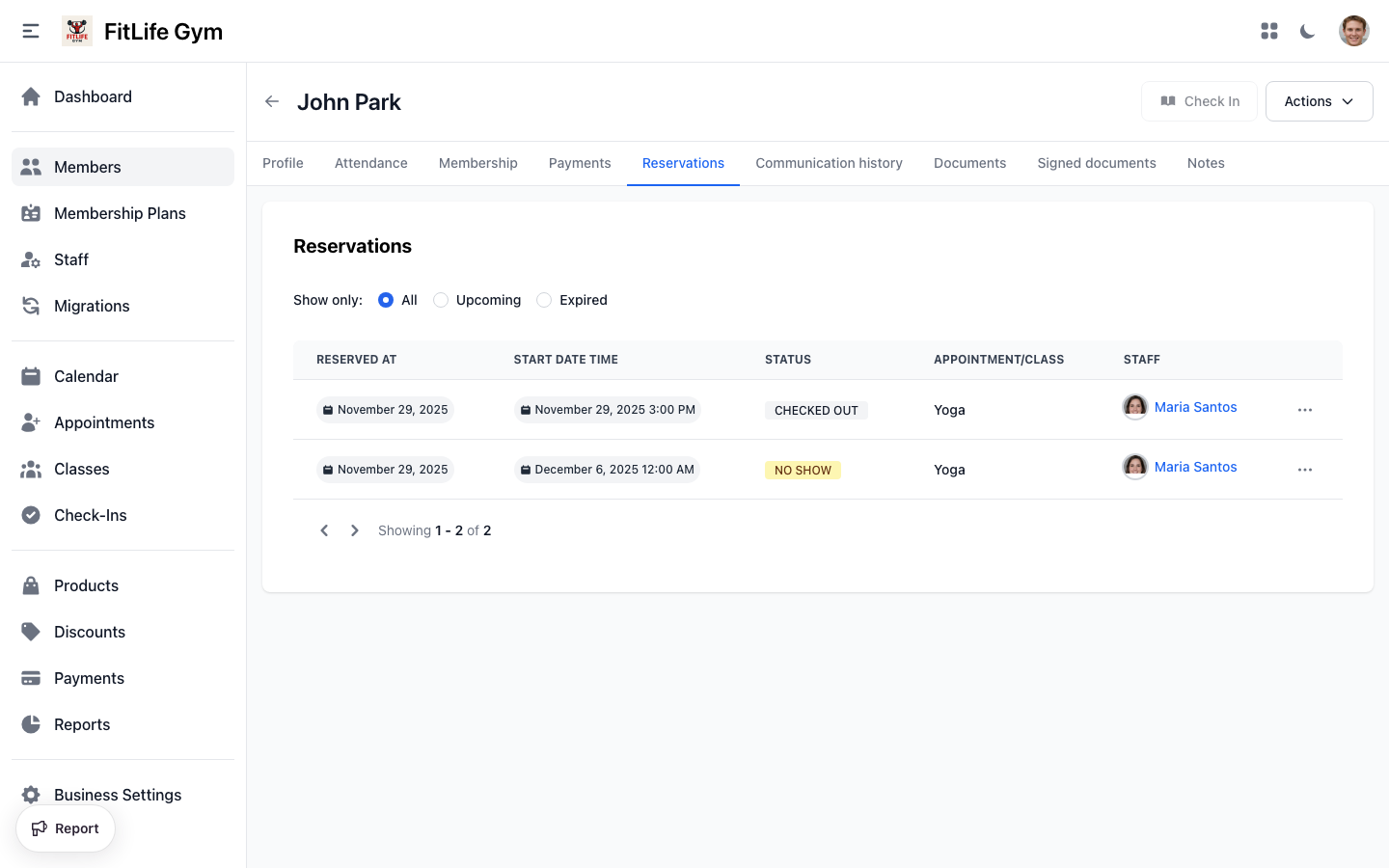 Member reservations list with class and appointment bookings