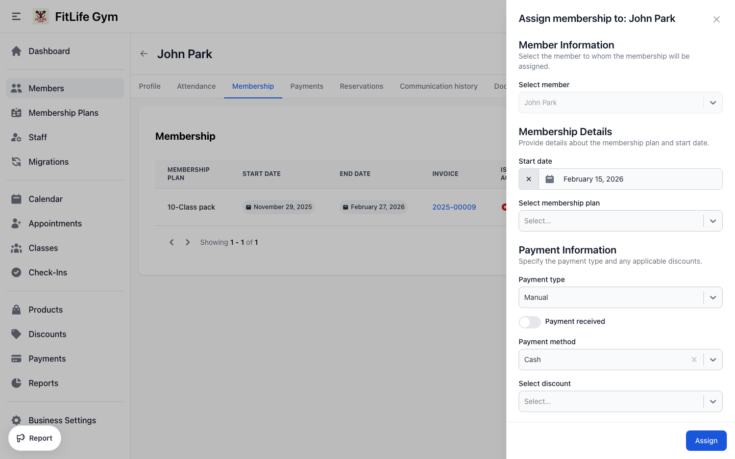 Assign a membership plan to a gym member