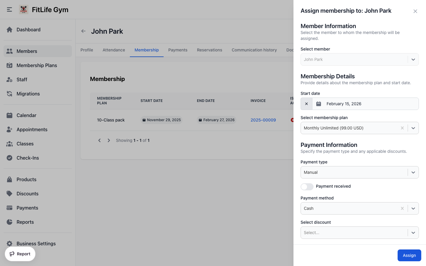 Assign a membership plan to a gym member with start date and billing