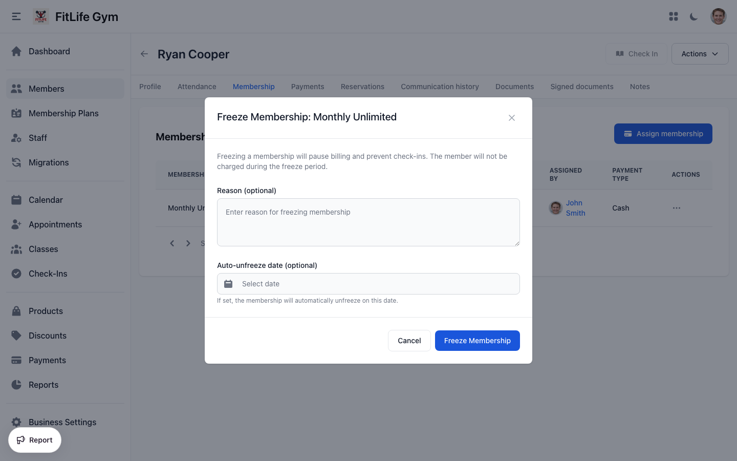Freeze a gym membership - set pause start and end dates