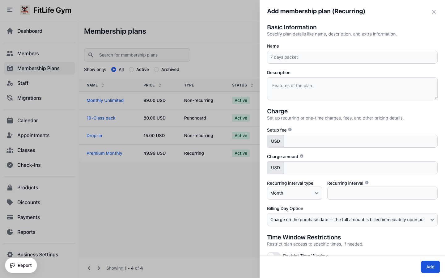 Membership plan basic settings - name, description, price, and billing