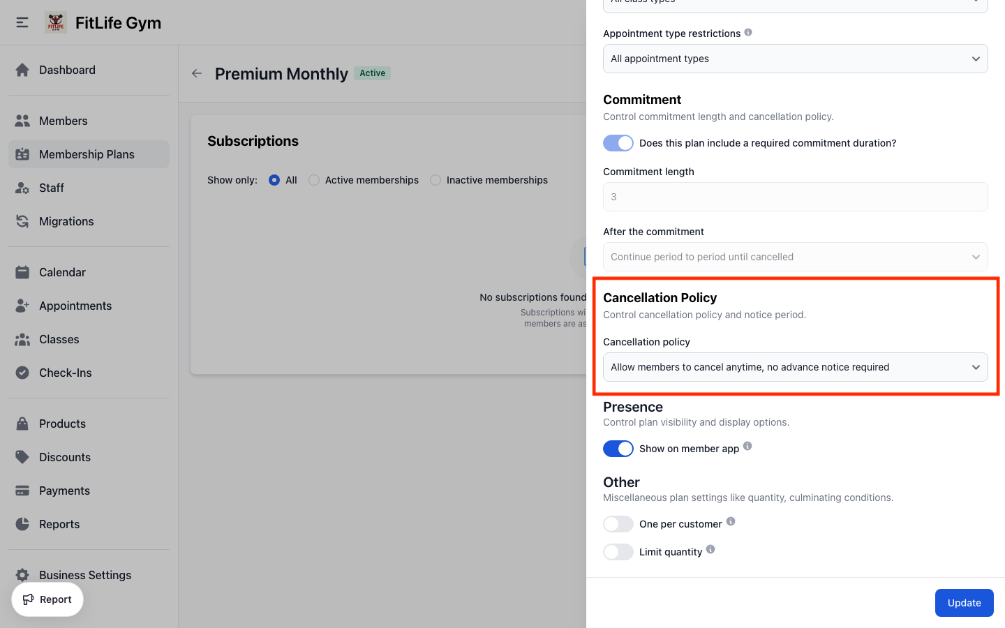 Configure gym membership cancellation policy and notice period