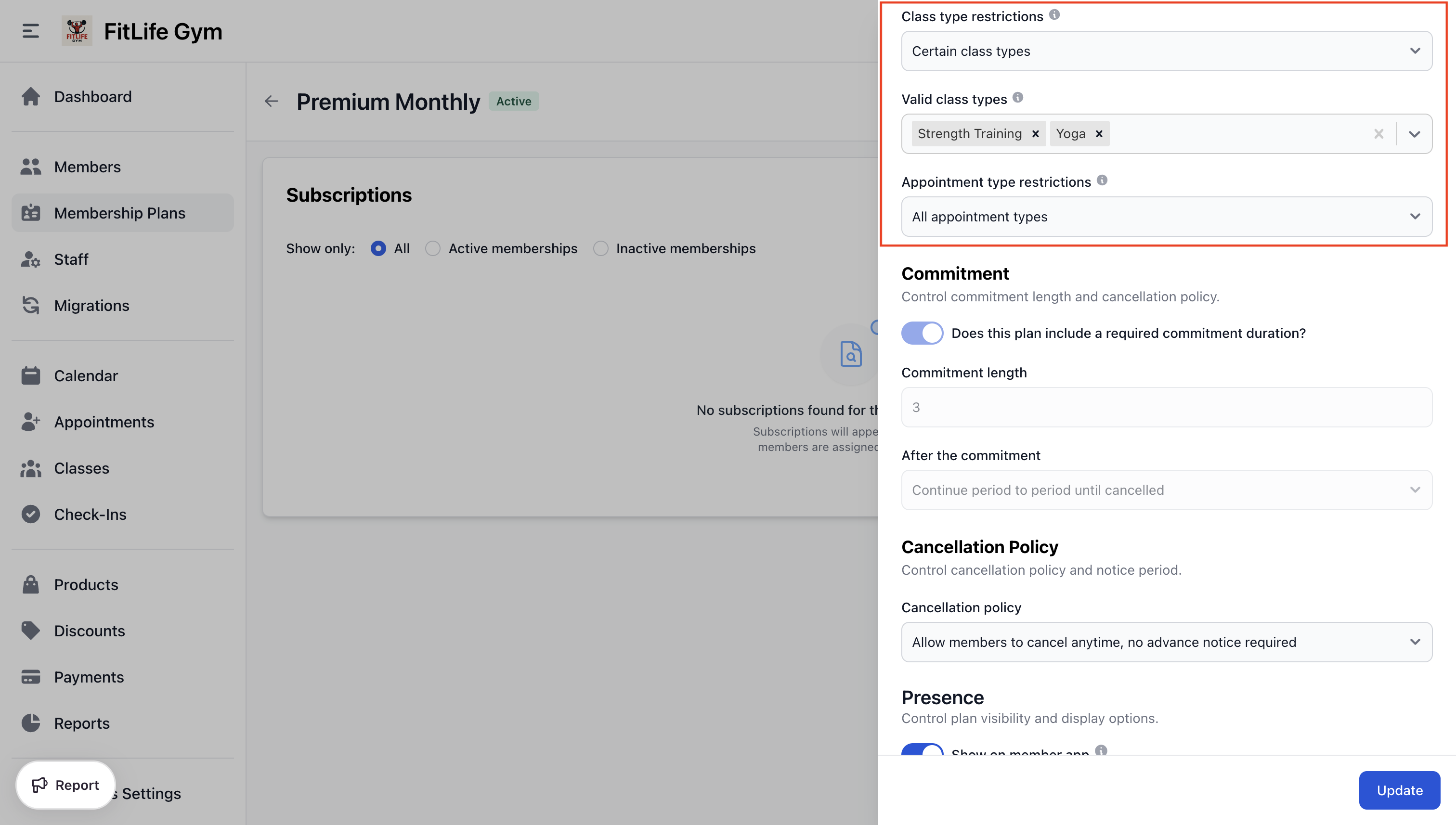 Restrict gym membership to specific class types like yoga or HIIT