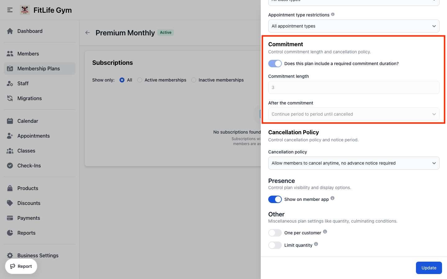 Set minimum commitment period for recurring gym memberships