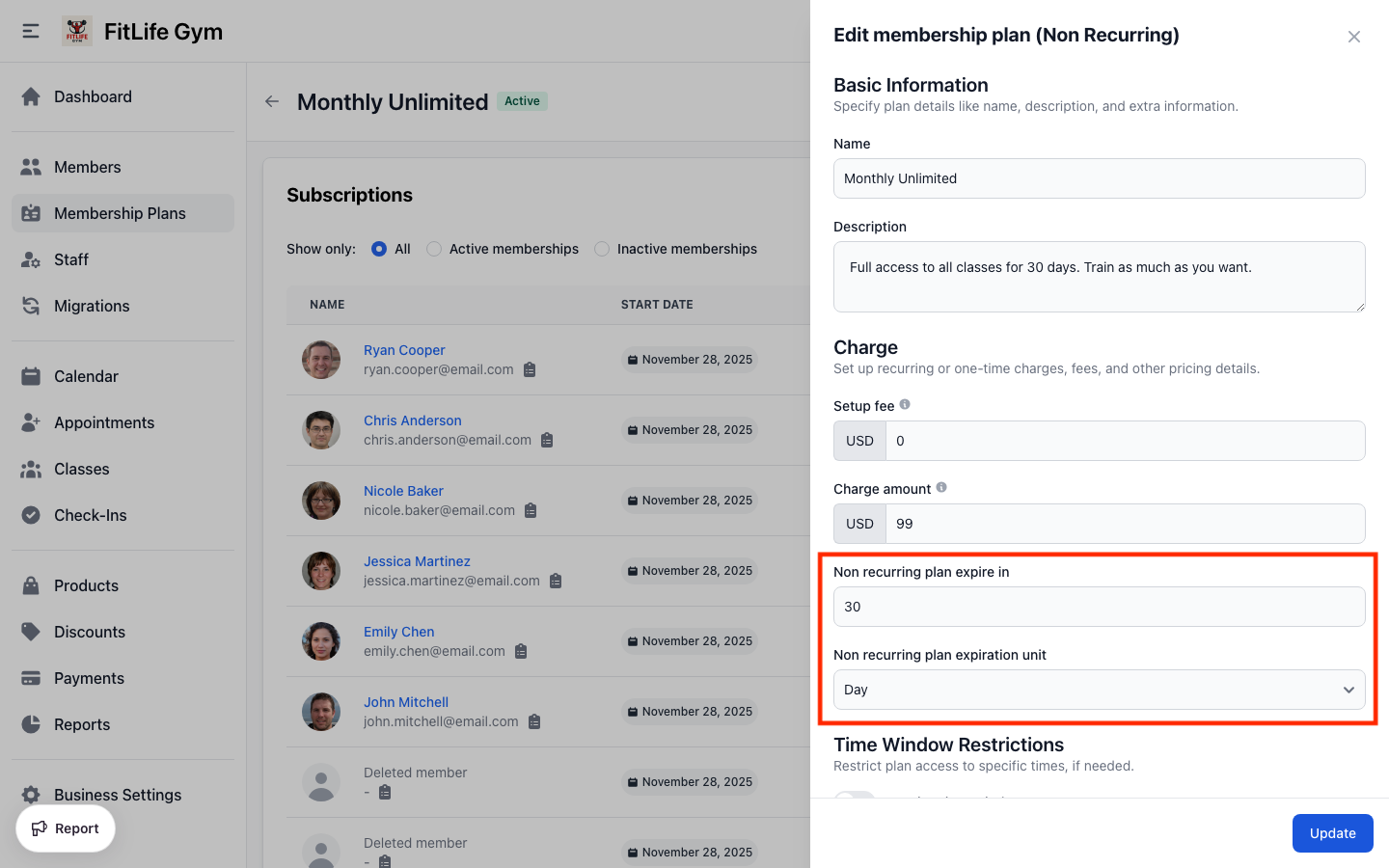 Non-recurring membership plan settings with fixed duration
