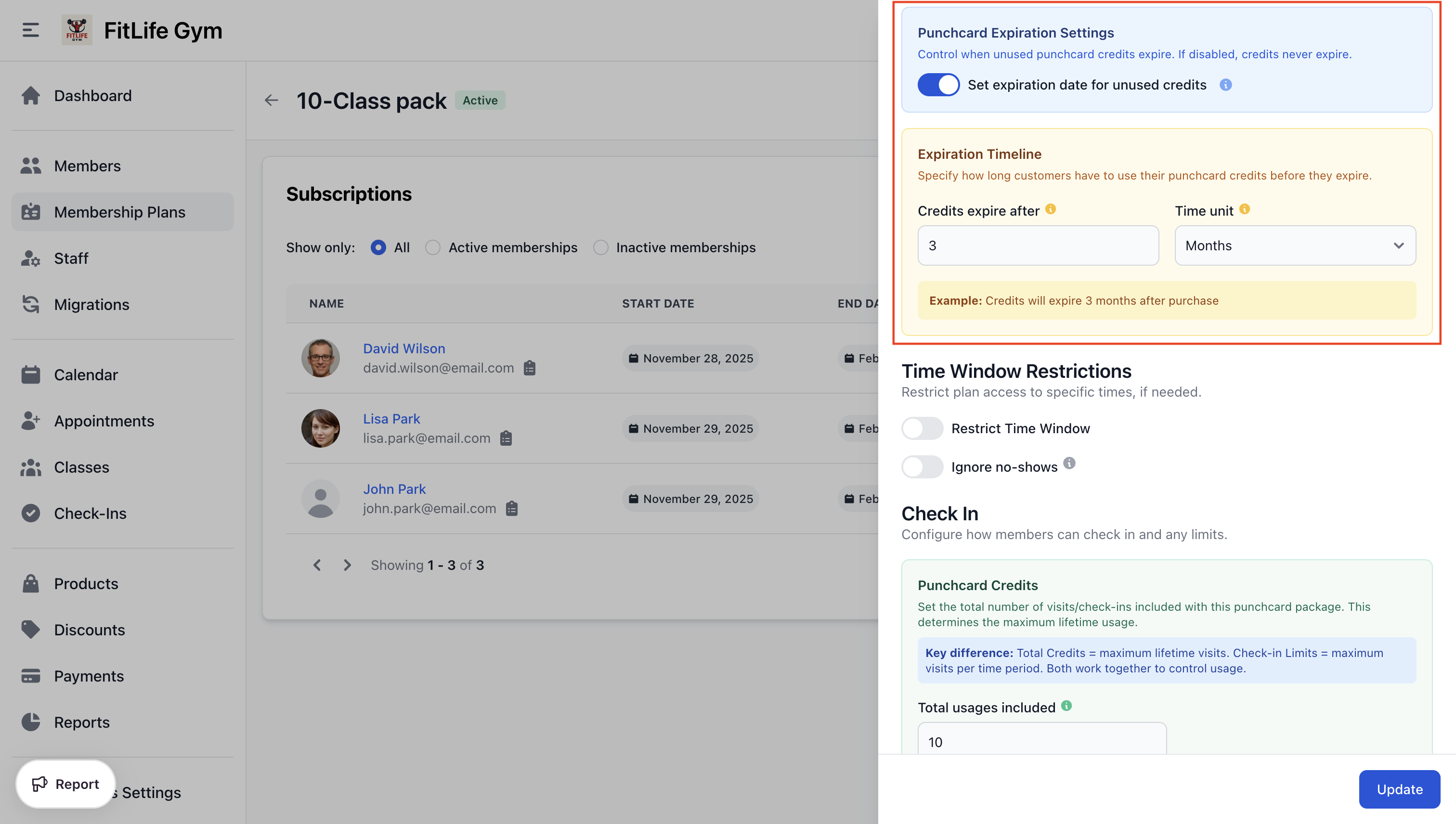 Punchcard membership plan settings with visit credits and expiry