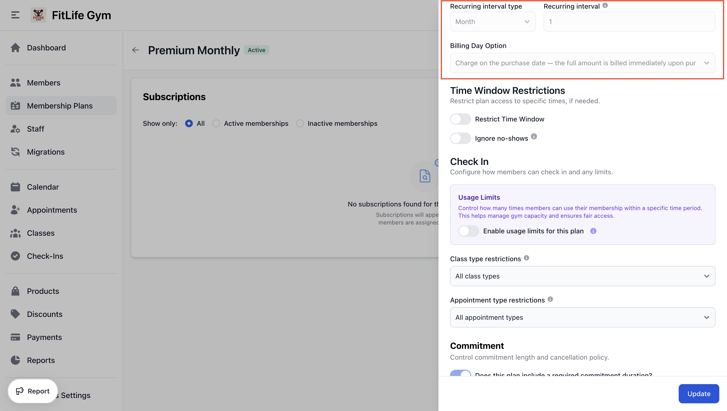 Recurring membership plan settings with billing cycle and auto-renewal