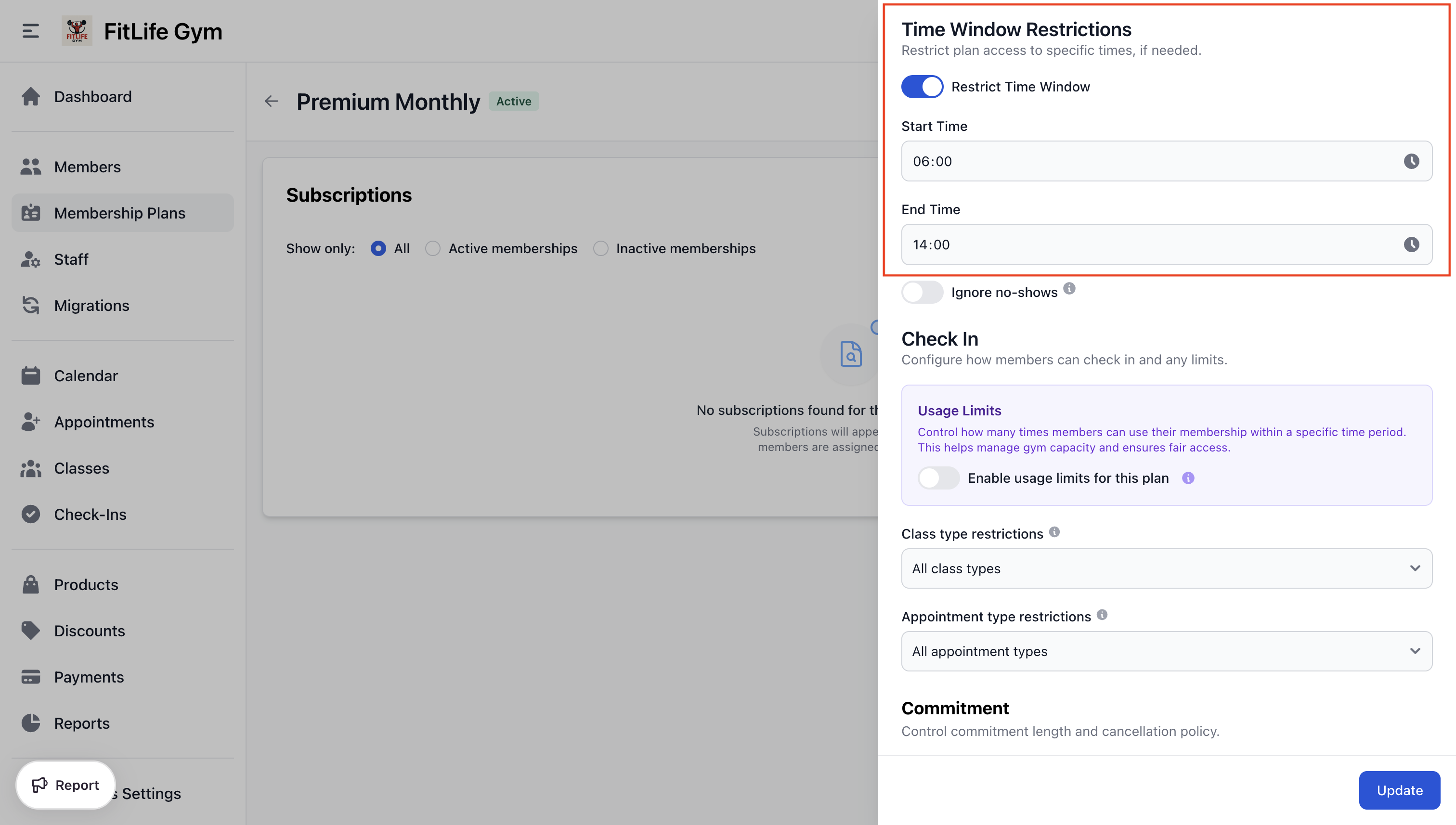 Configure gym membership time windows for off-peak or peak access