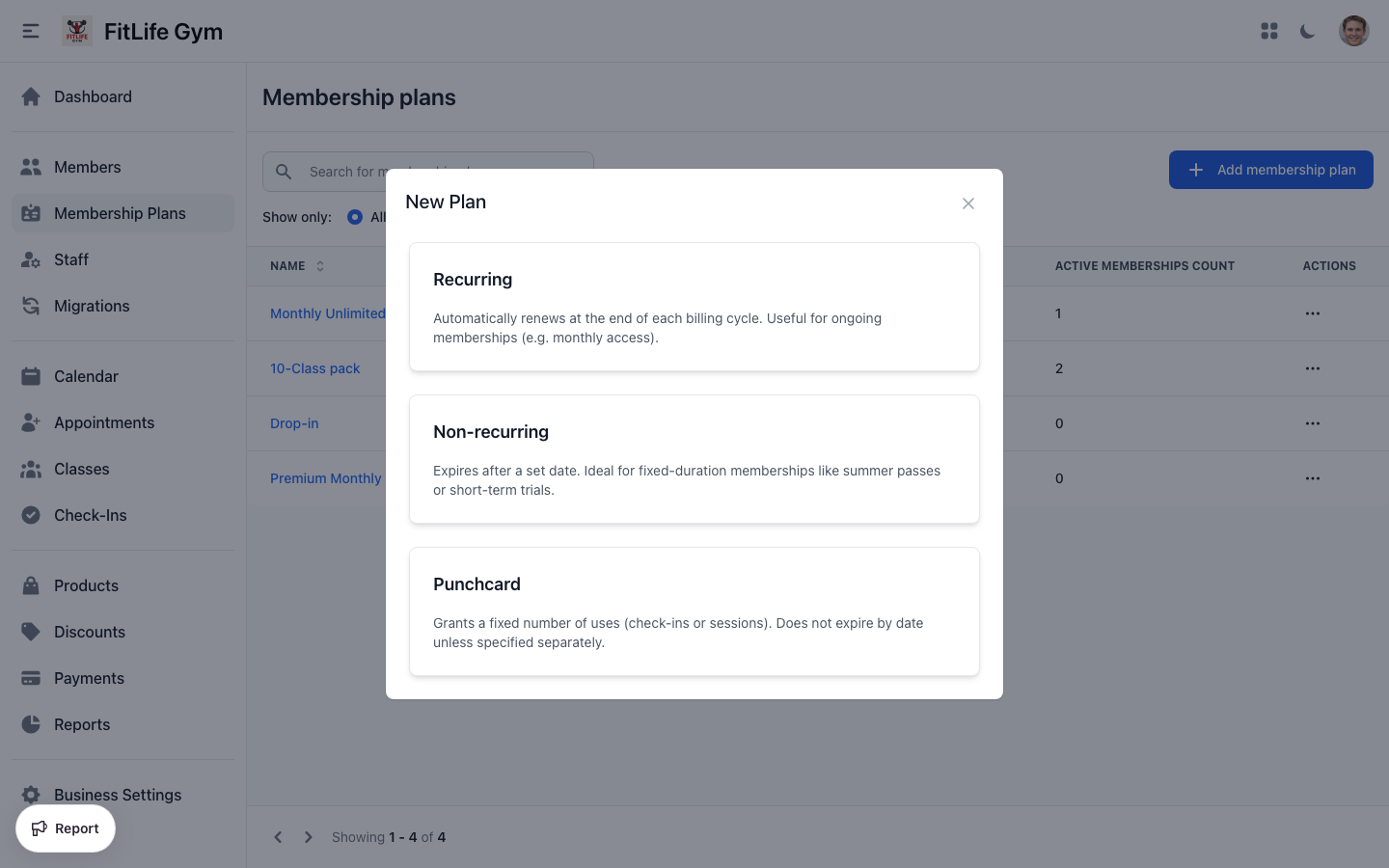 Select gym membership plan type - recurring, non-recurring, or punchcard