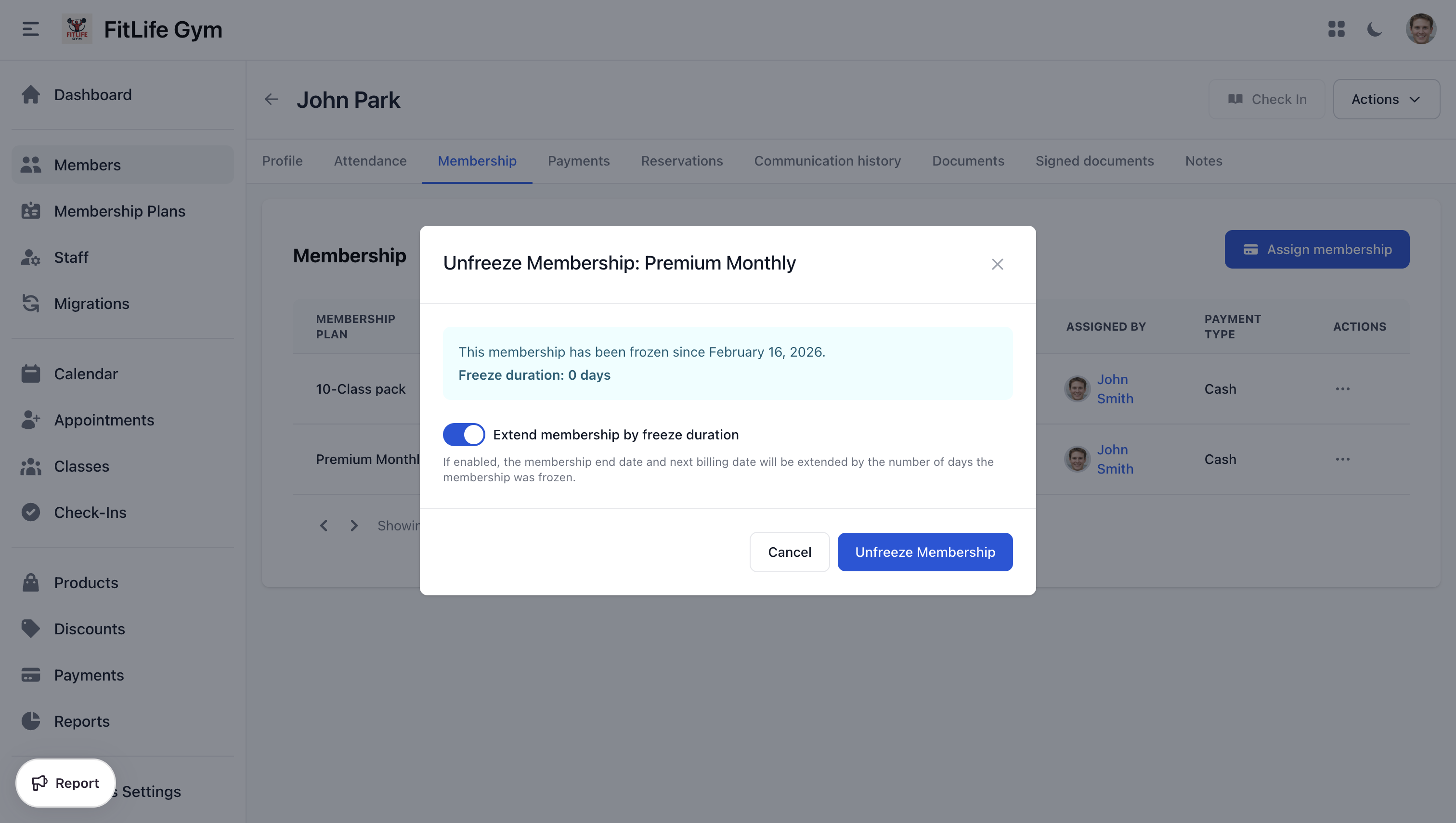 Unfreeze a frozen gym membership to resume billing and access