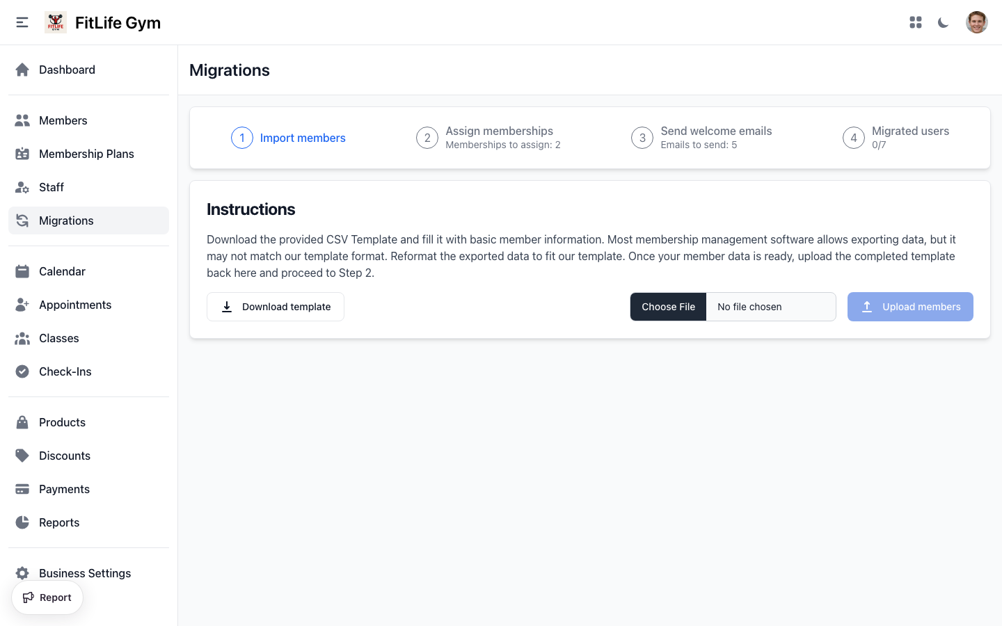 Finegym migration wizard for importing members and assigning plans