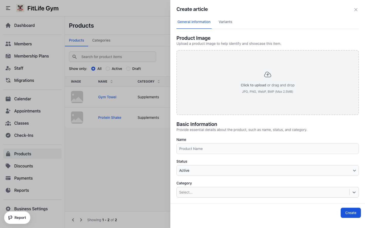 Add a gym product with name, price, category, and variant options