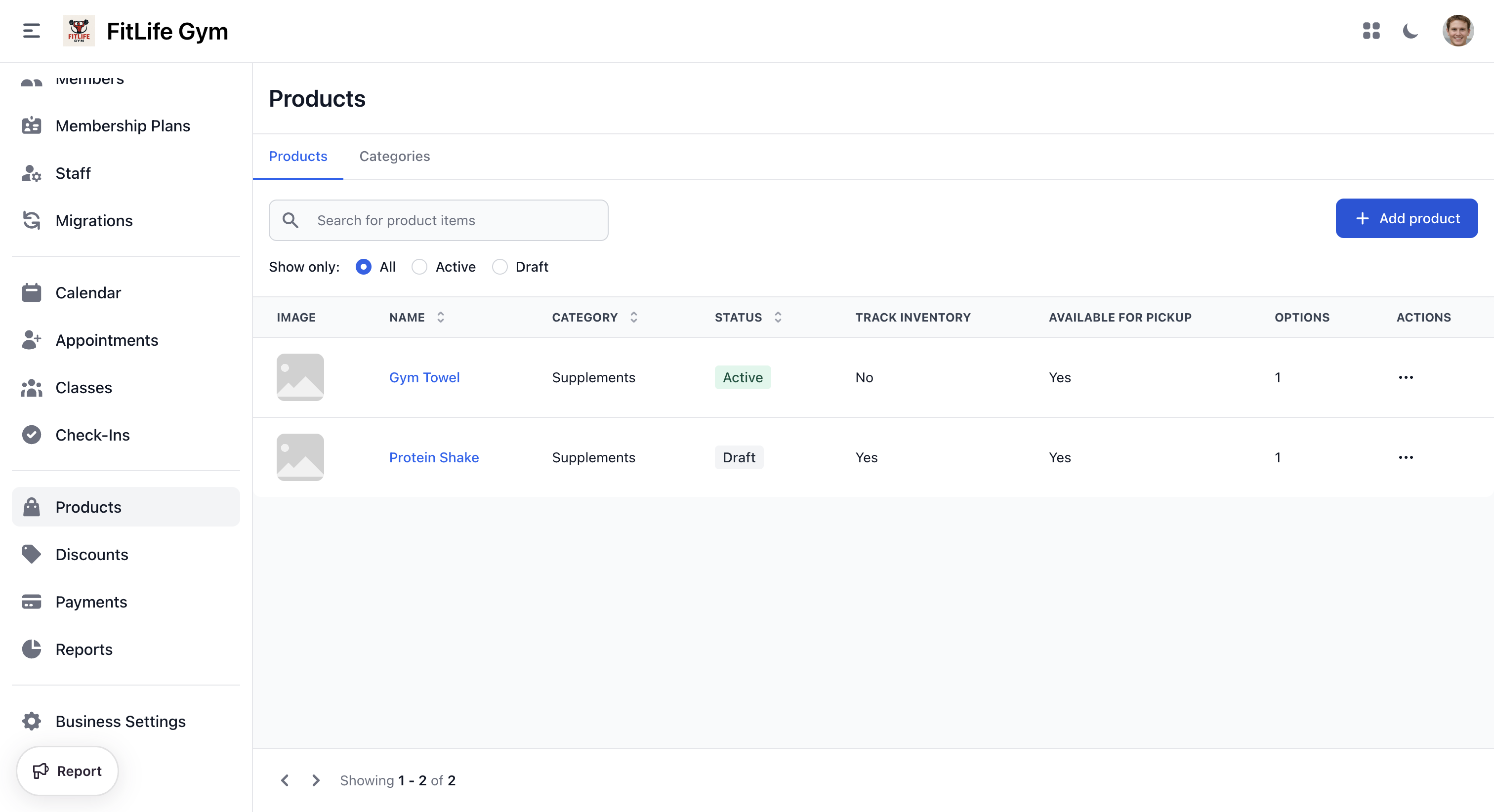 Product list with image, name, category, status, and options