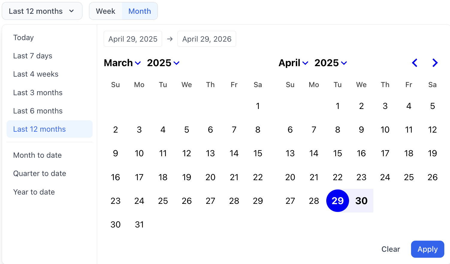 Report date picker with presets and inline calendar