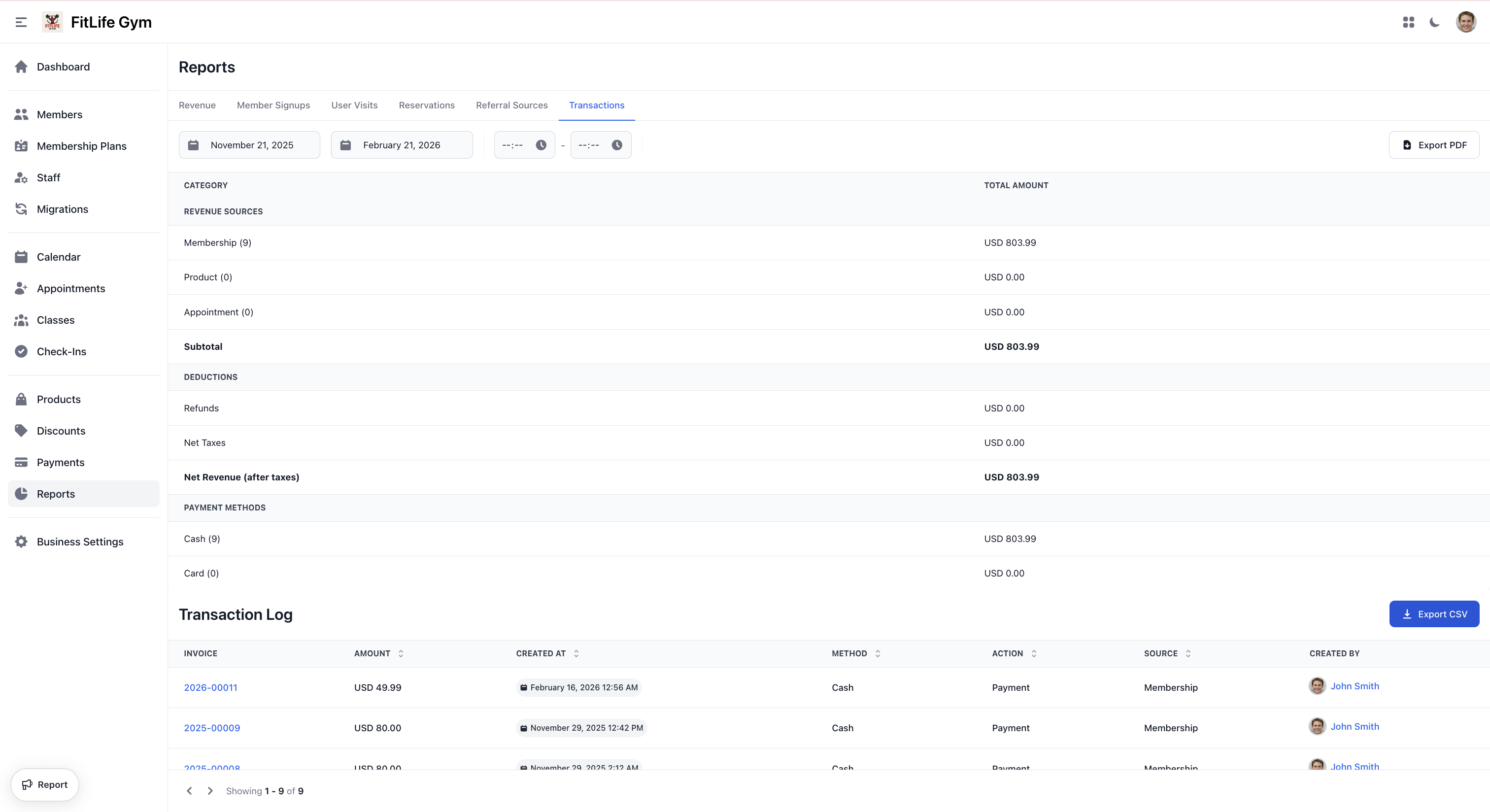 Gym transaction list showing payment records with date, type, amount, and method