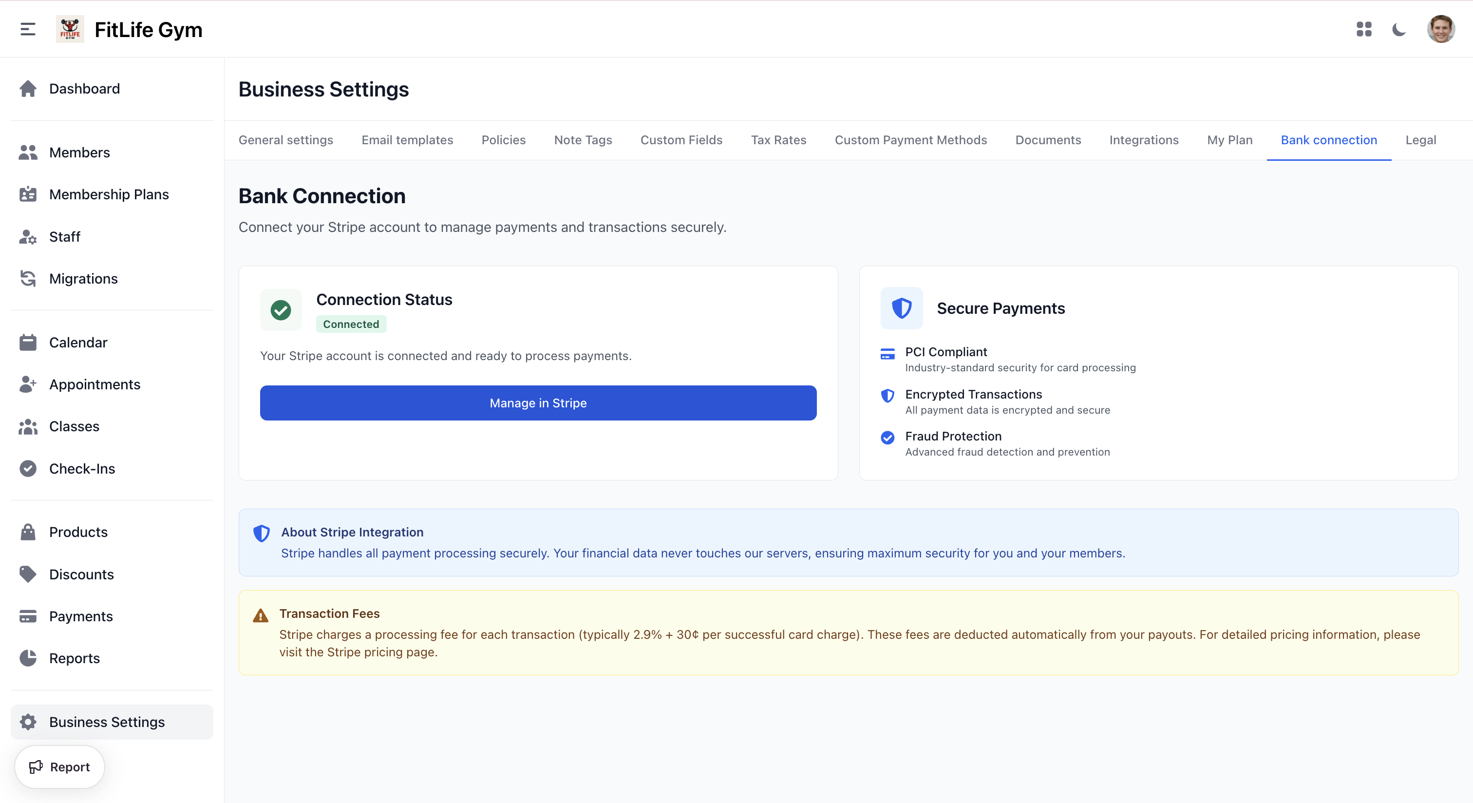 Stripe bank connection settings