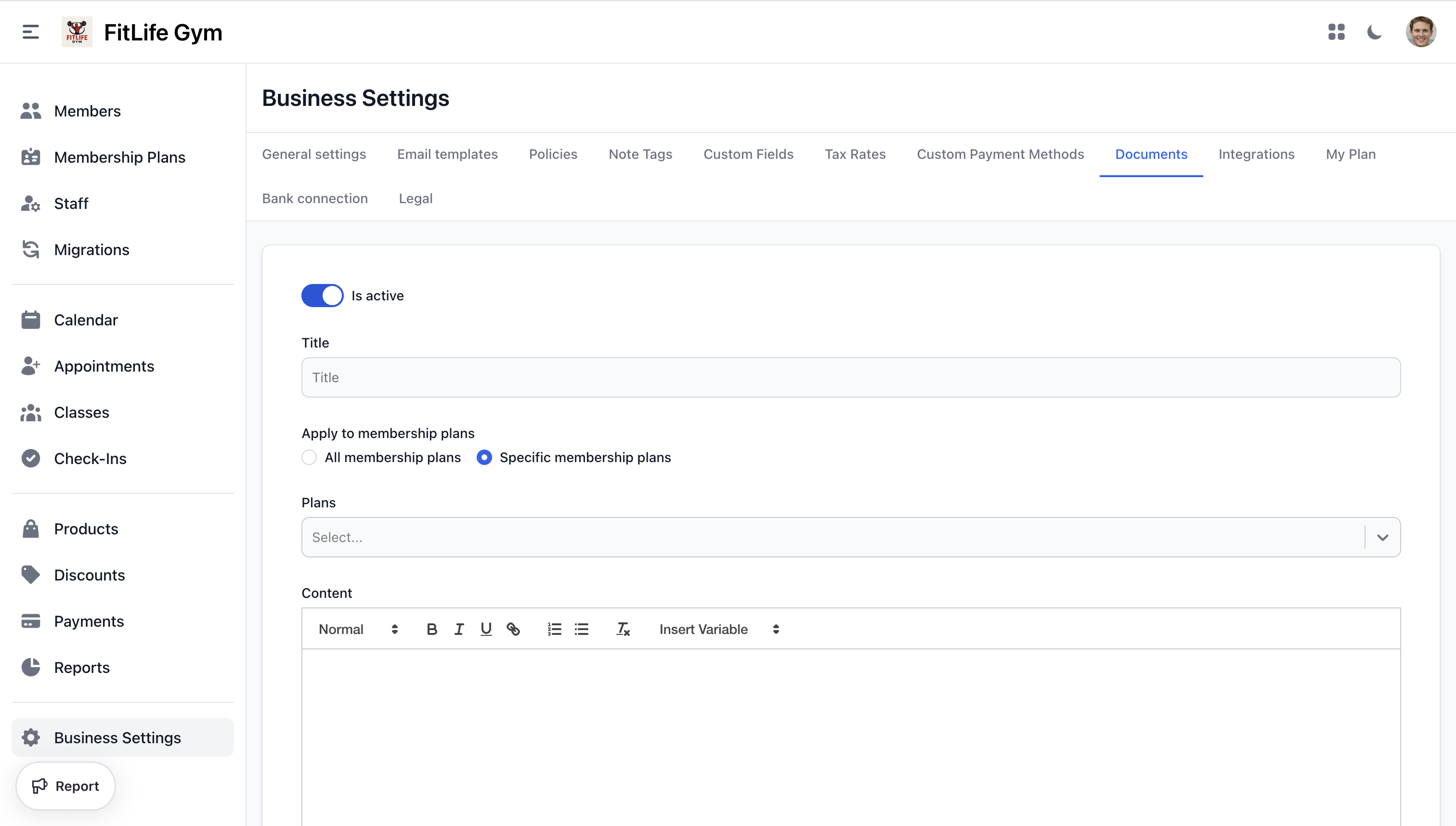 Create a digital document with title, content, and plan assignment